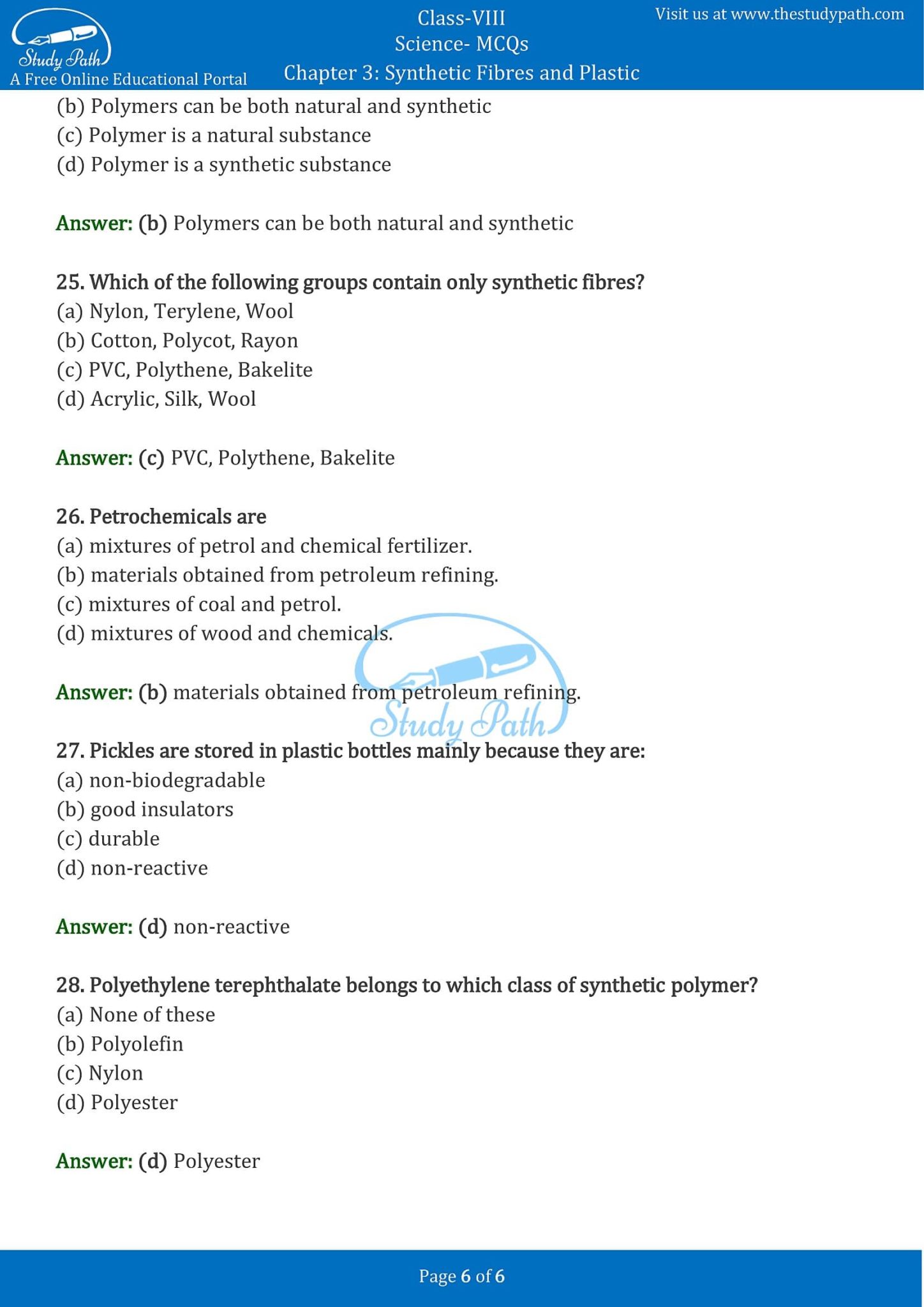 Class Science Chapter Synthetic Fibres And Plastics Mcq With Answers