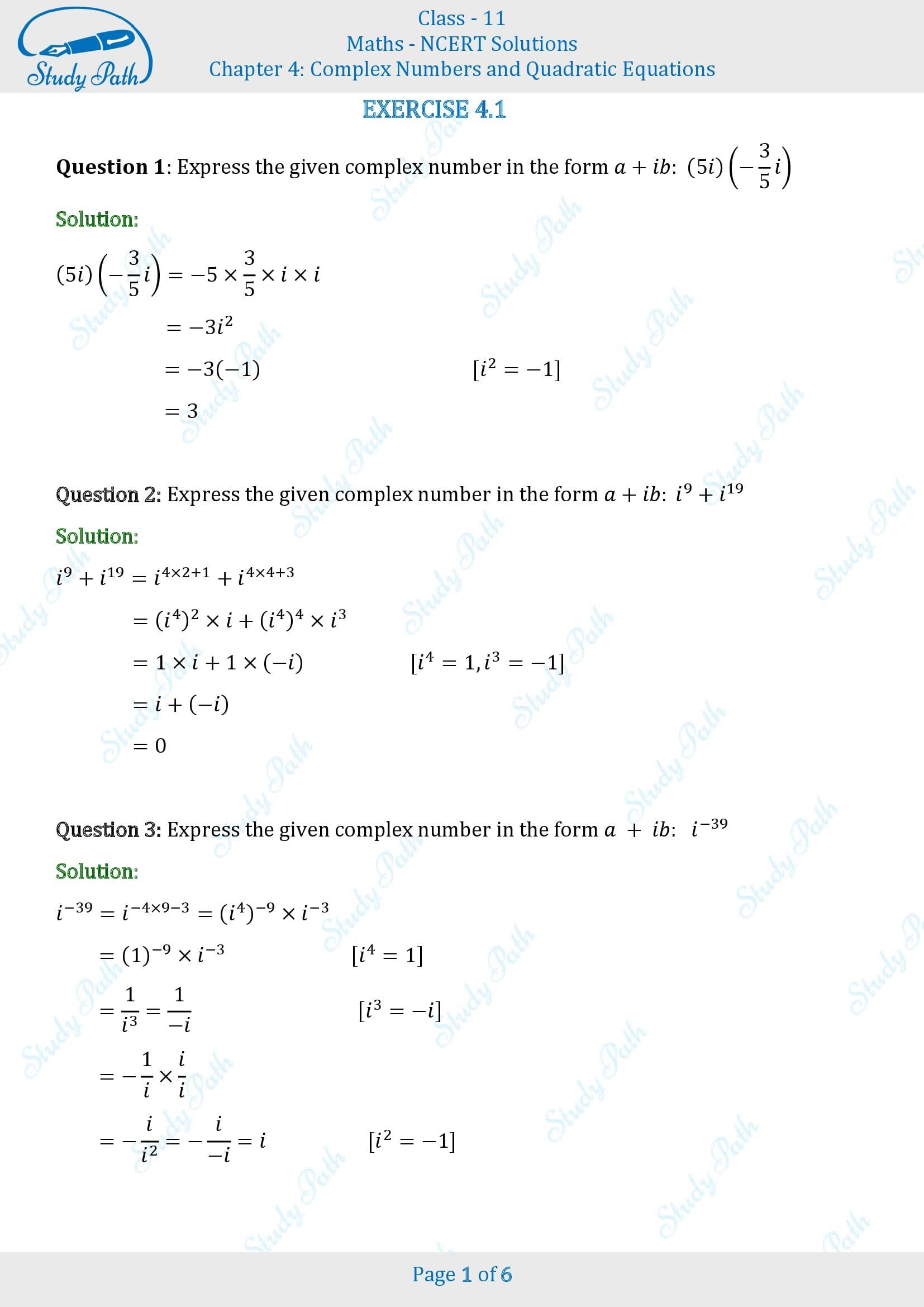 NCERT Solutions For Class 11 Maths Chapter 4 Ex 4 1 Complex Numbers And