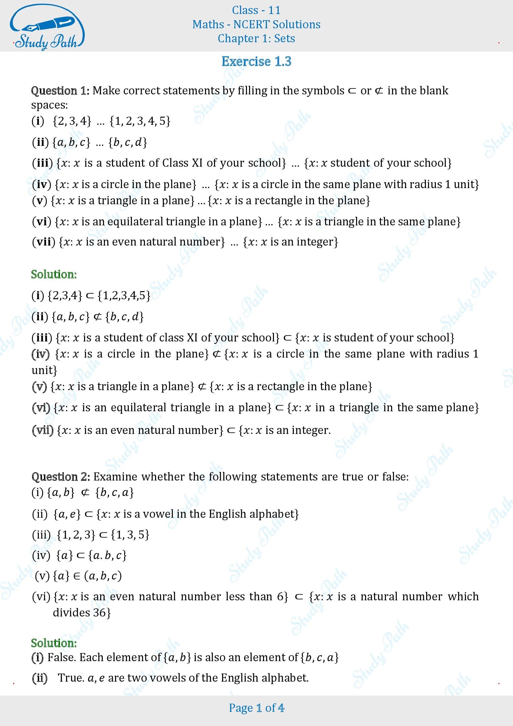 NCERT Solutions for Class 11 Maths Chapter 1 Sets Exercise 1.3 00001