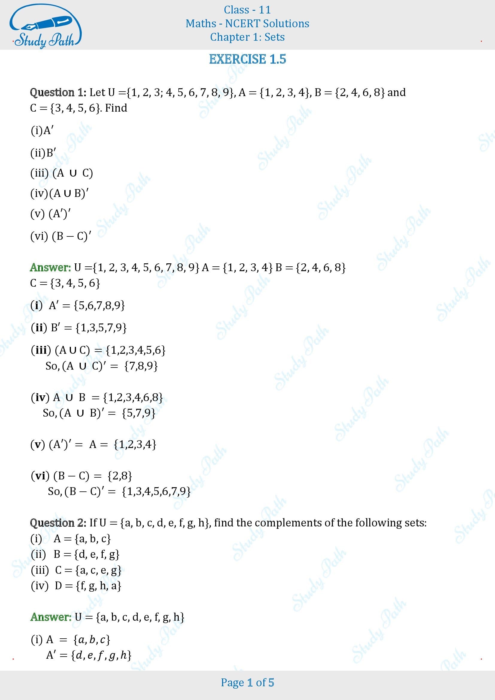 NCERT Solutions for Class 11 Maths Chapter 1 Sets Exercise 1.5 00001