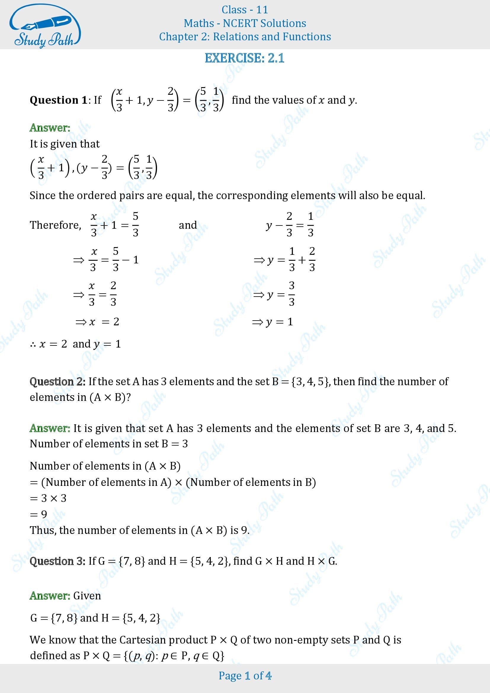 NCERT Solutions for Class 11 Maths Chapter 2 Relations and Functions Exercise 2.1 00001