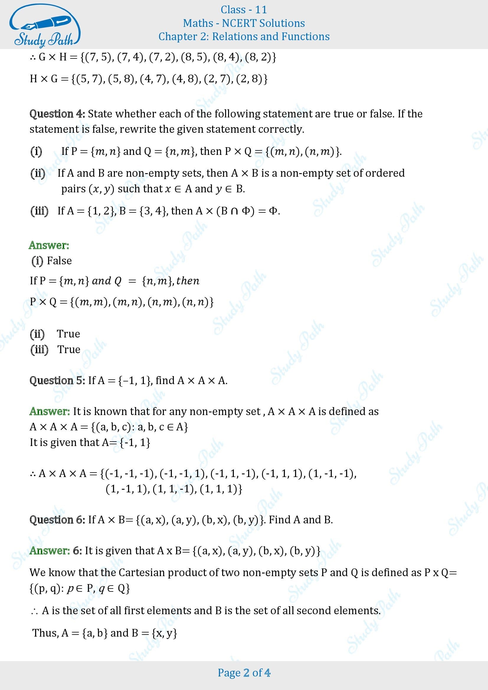 NCERT Solutions for Class 11 Maths Chapter 2 Relations and Functions Exercise 2.1 00002