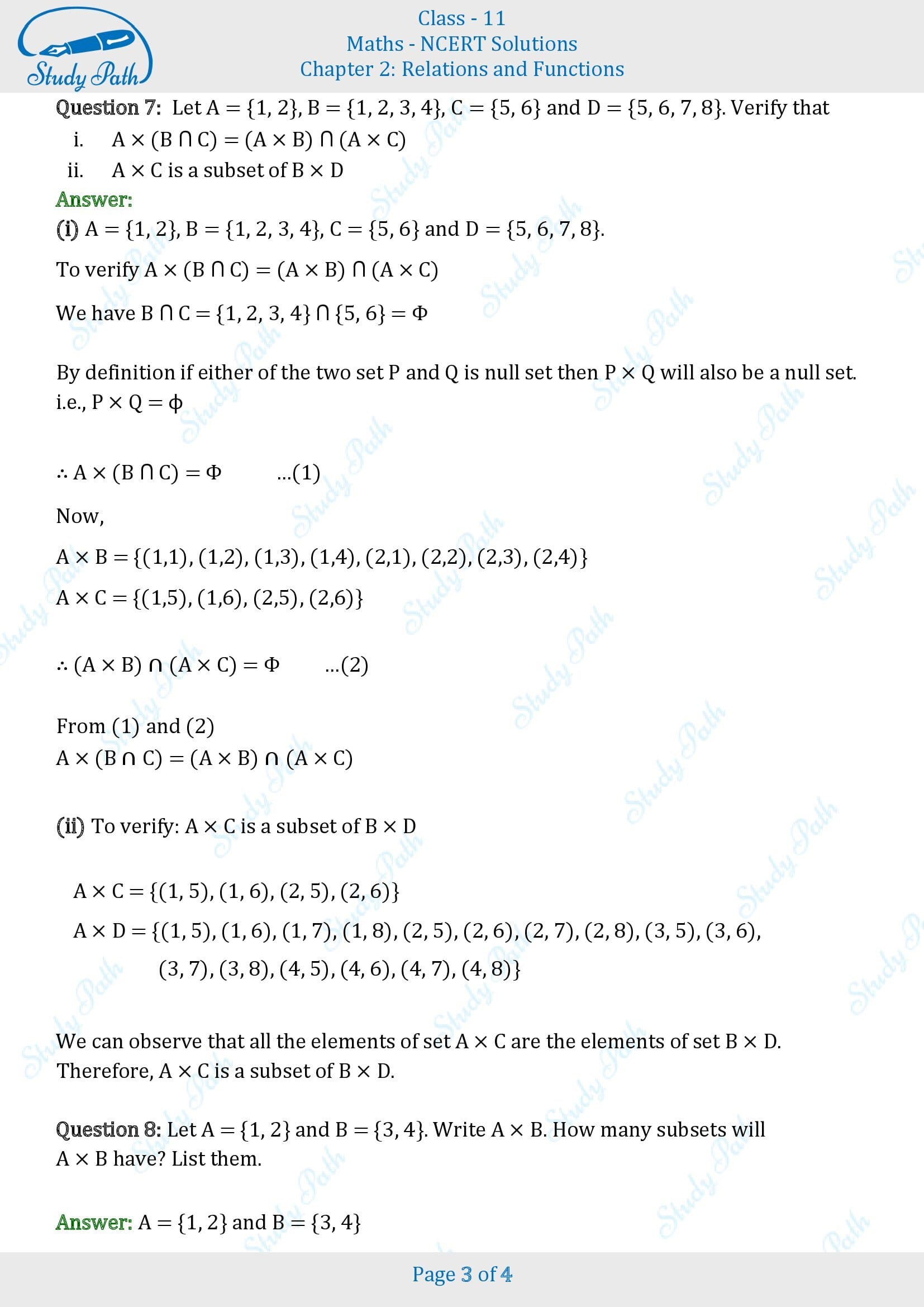 NCERT Solutions for Class 11 Maths Chapter 2 Relations and Functions Exercise 2.1 00003