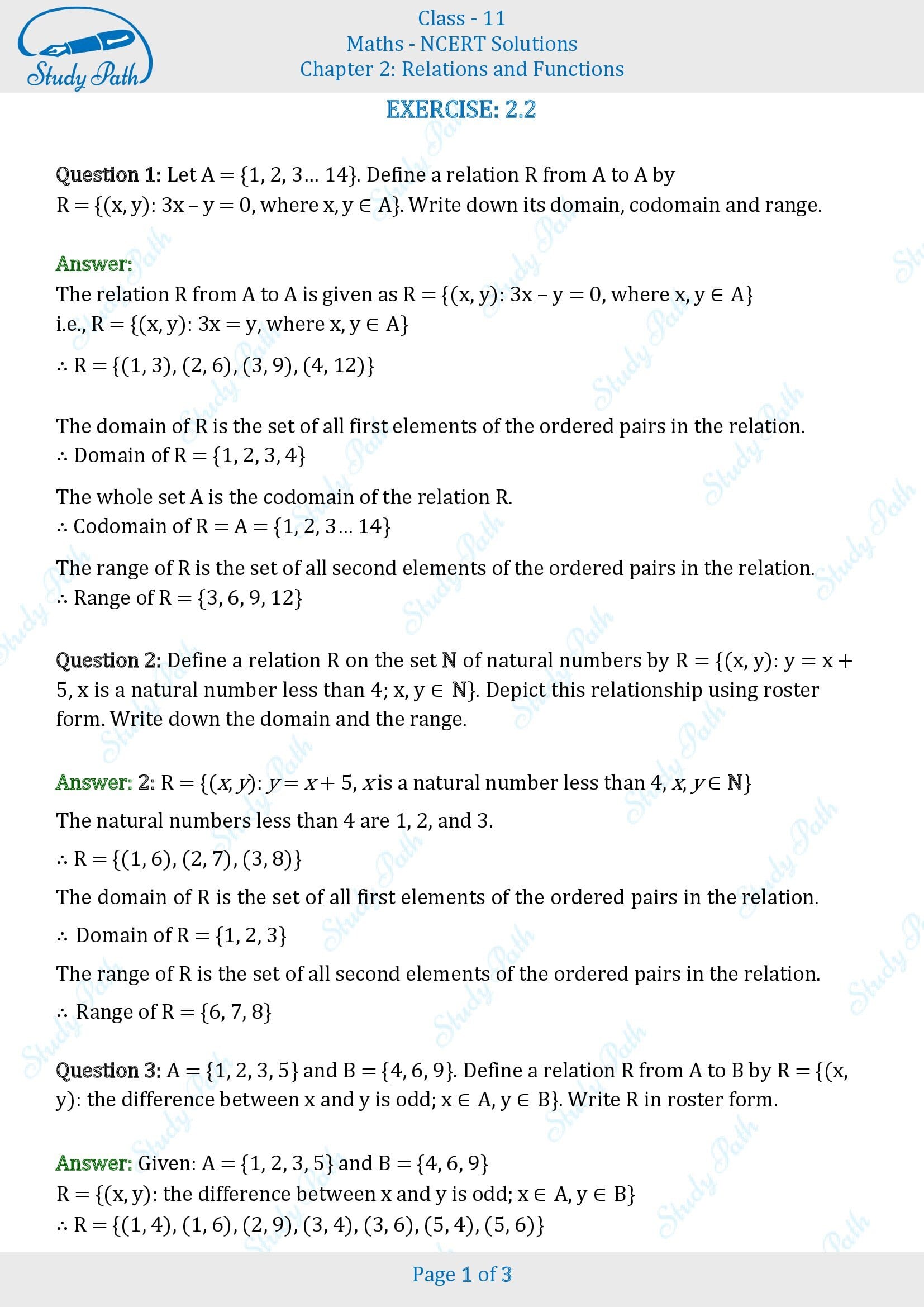 NCERT Solutions for Class 11 Maths Chapter 2 Relations and Functions Exercise 2.2 00001