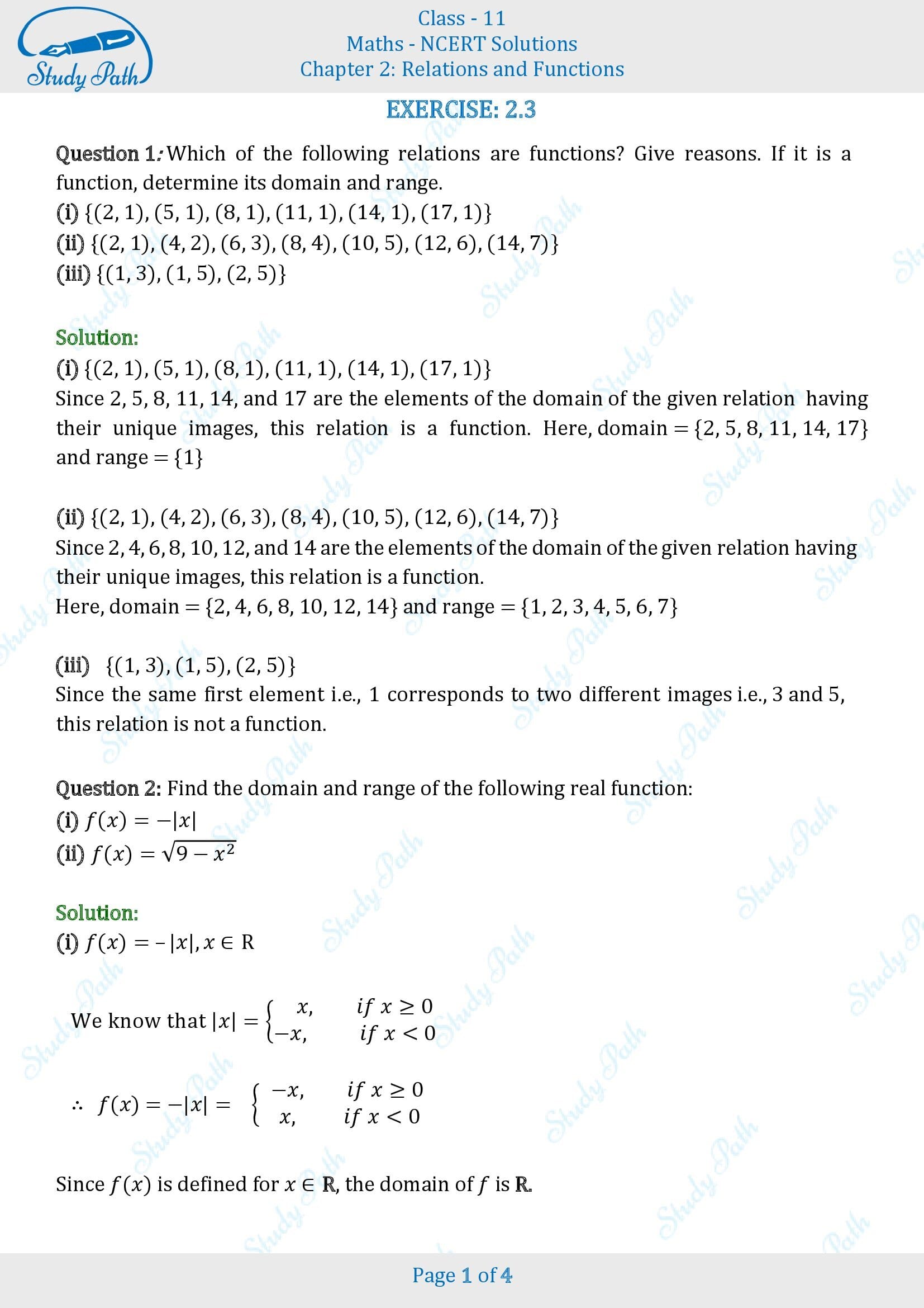 NCERT Solutions for Class 11 Maths Chapter 2 Relations and Functions Exercise 2.3 00001