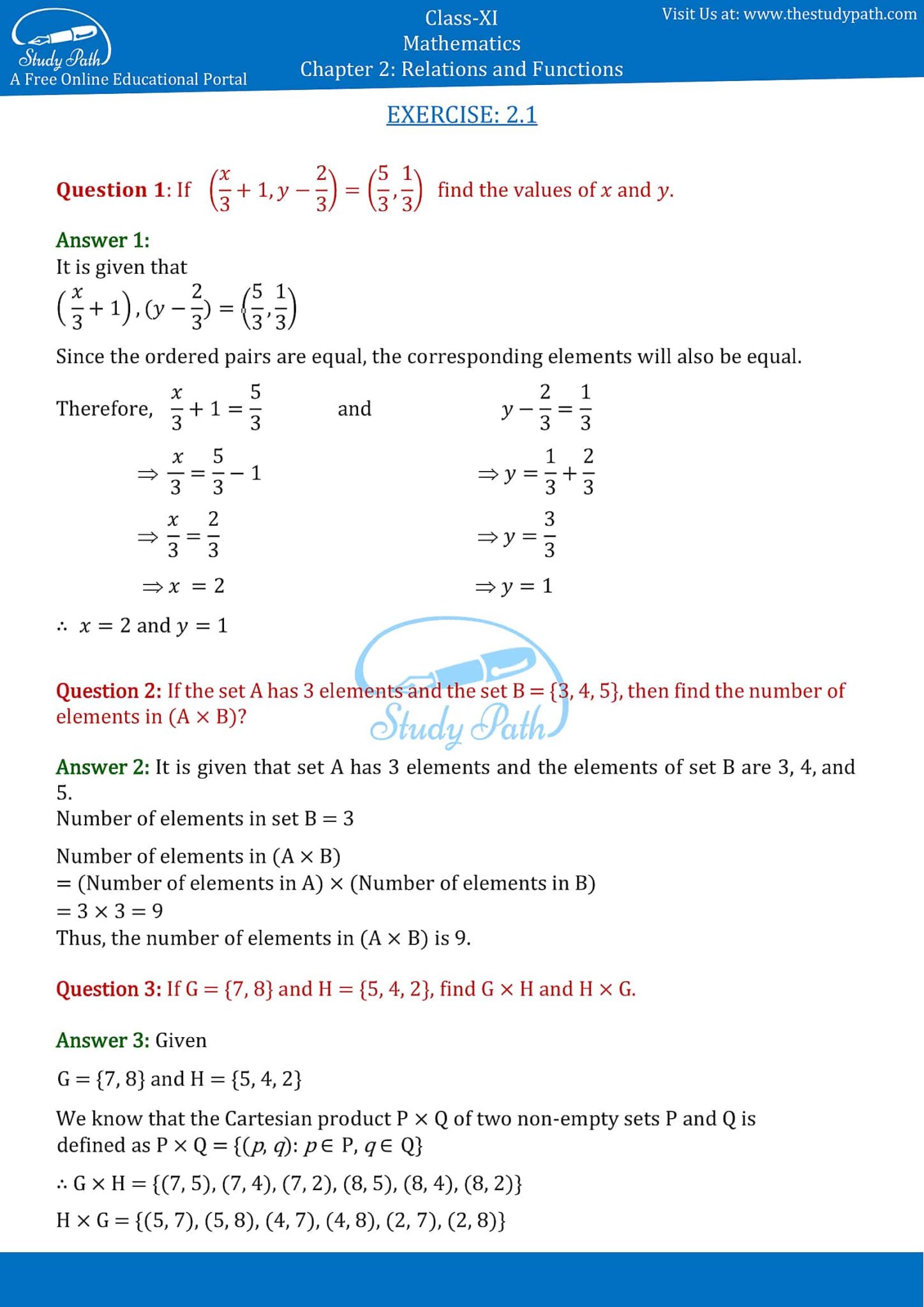 relations and functions class 11 exercise 2.1 solutions