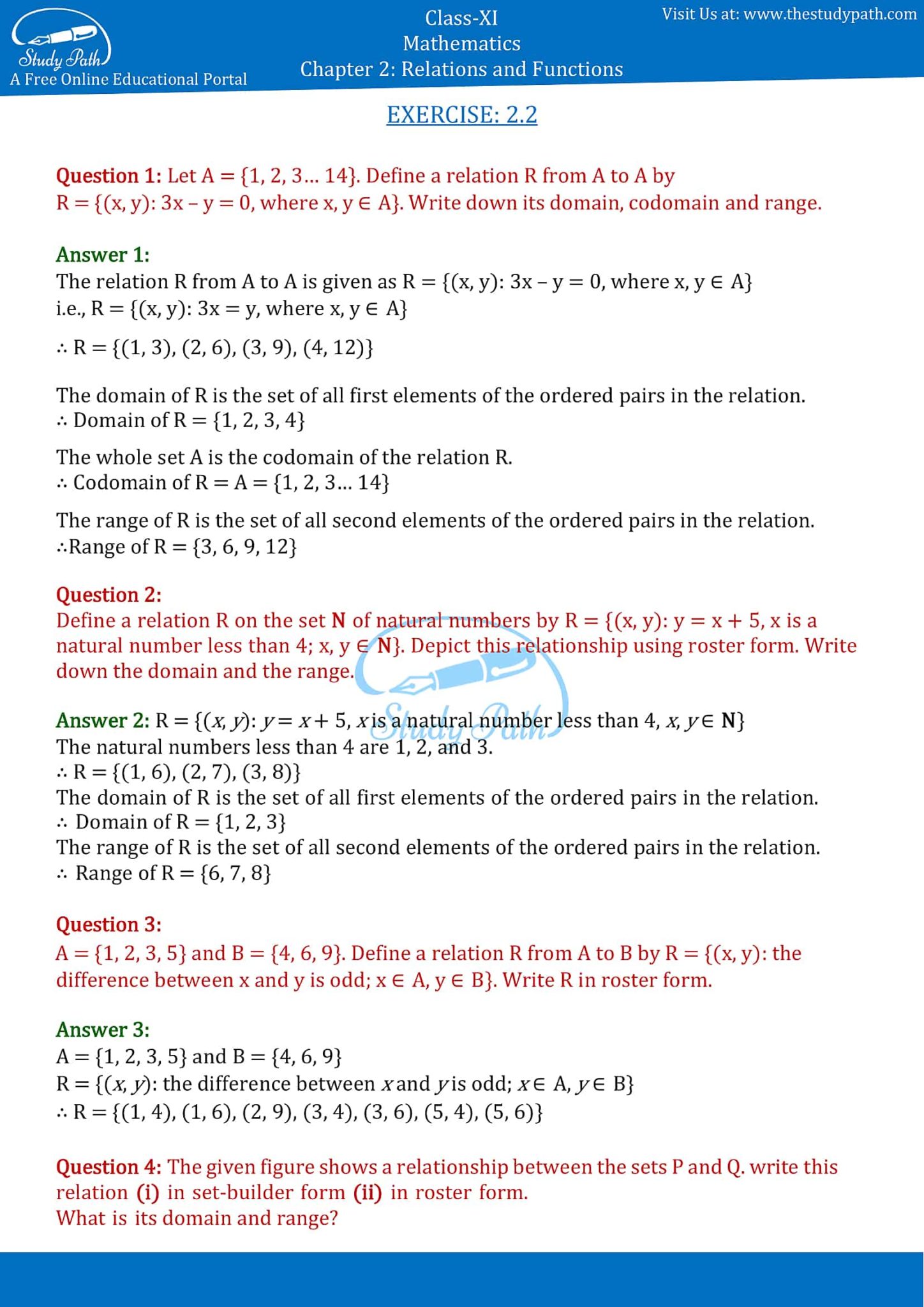 relations and functions class 11 exercise 2.2 solutions