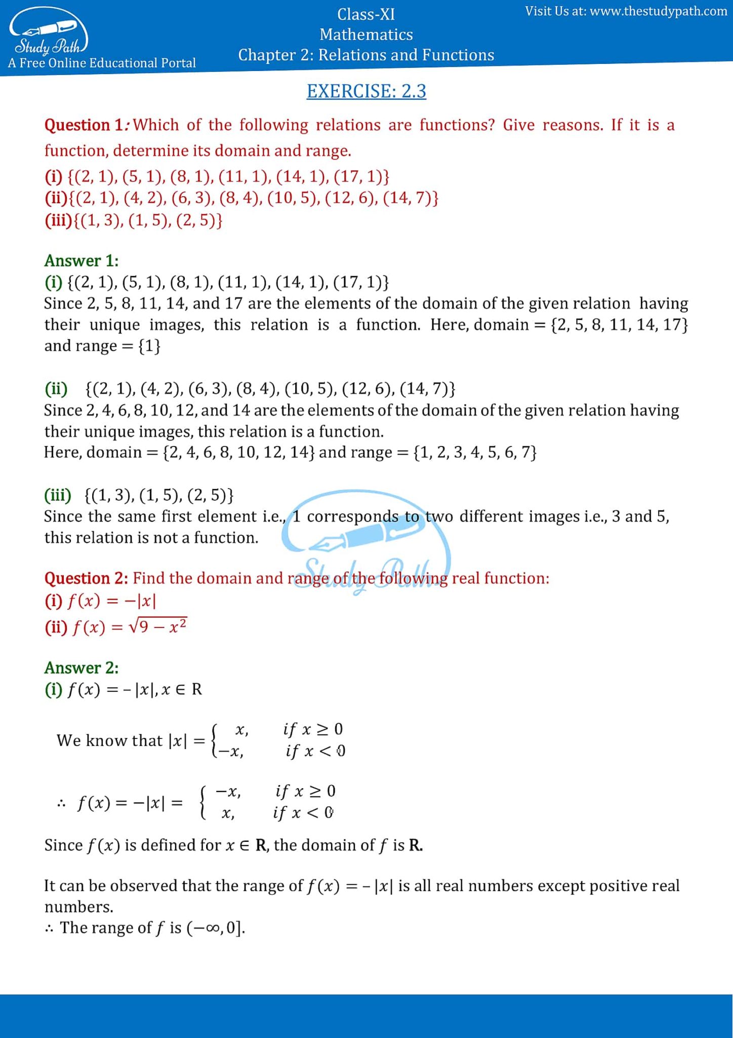 relations and functions class 11 exercise 2.3 solutions