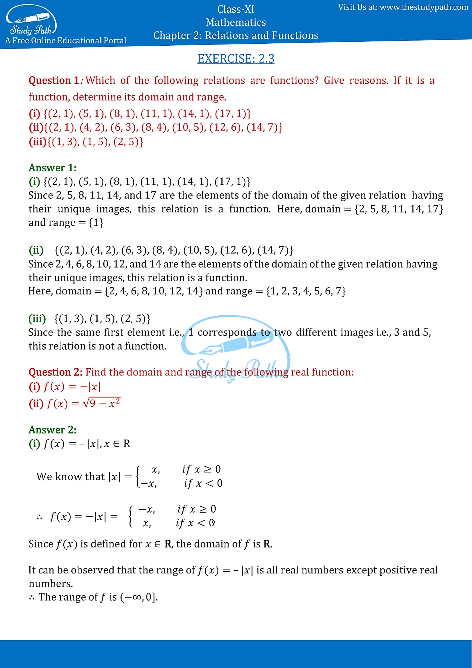 NCERT Solutions Class 11 Maths Chapter 2 Exercise 2 3 Study Path