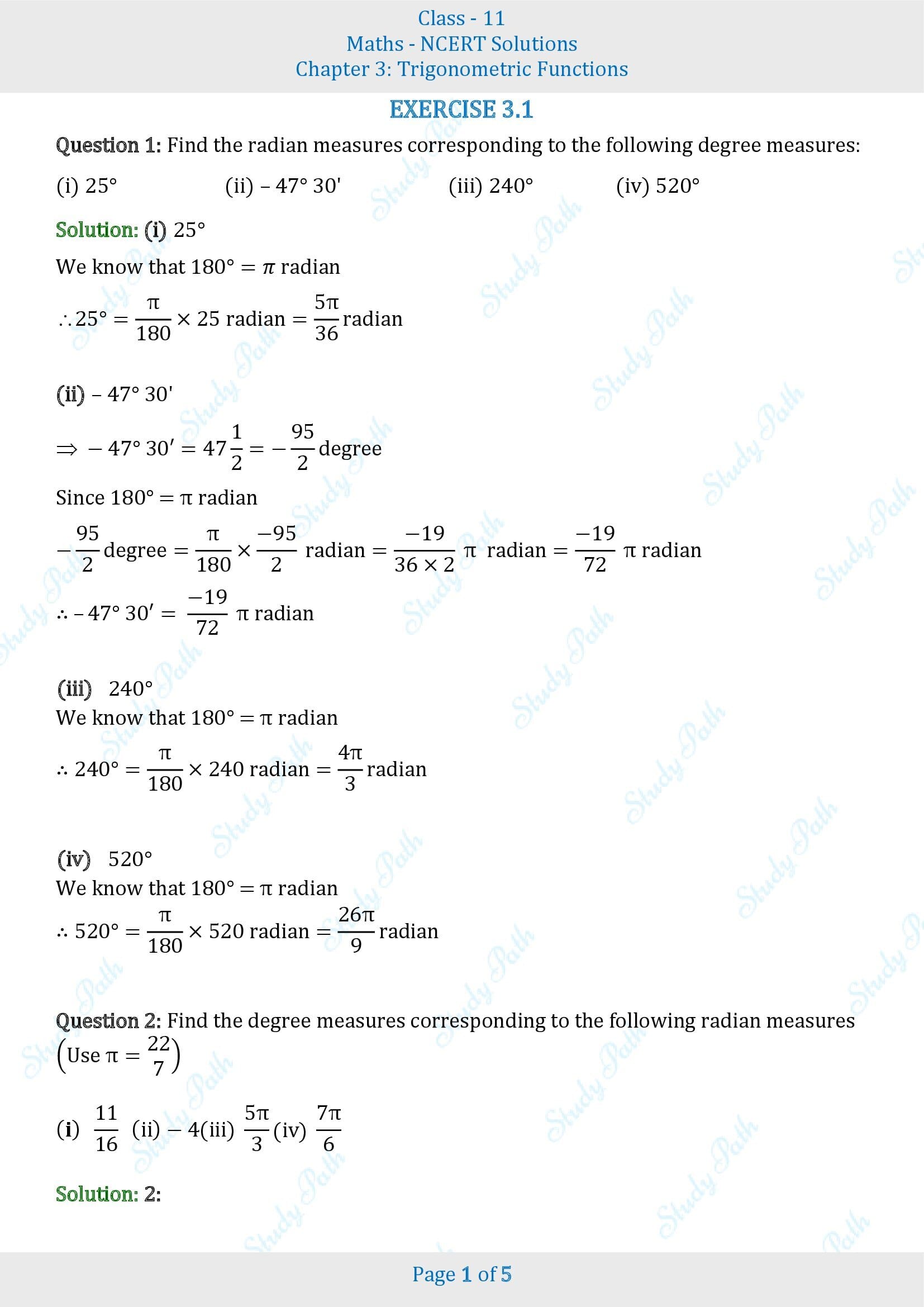 NCERT Solutions for Class 11 Maths Chapter 3 Trigonometric Functions Exercise 3.1 00001