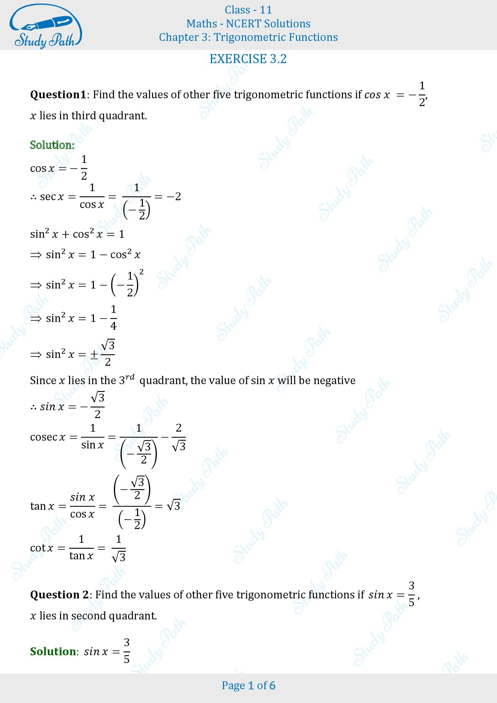 NCERT Solutions for Class 11 Maths Chapter 3 Trigonometric Functions Exercise 3.2 00001