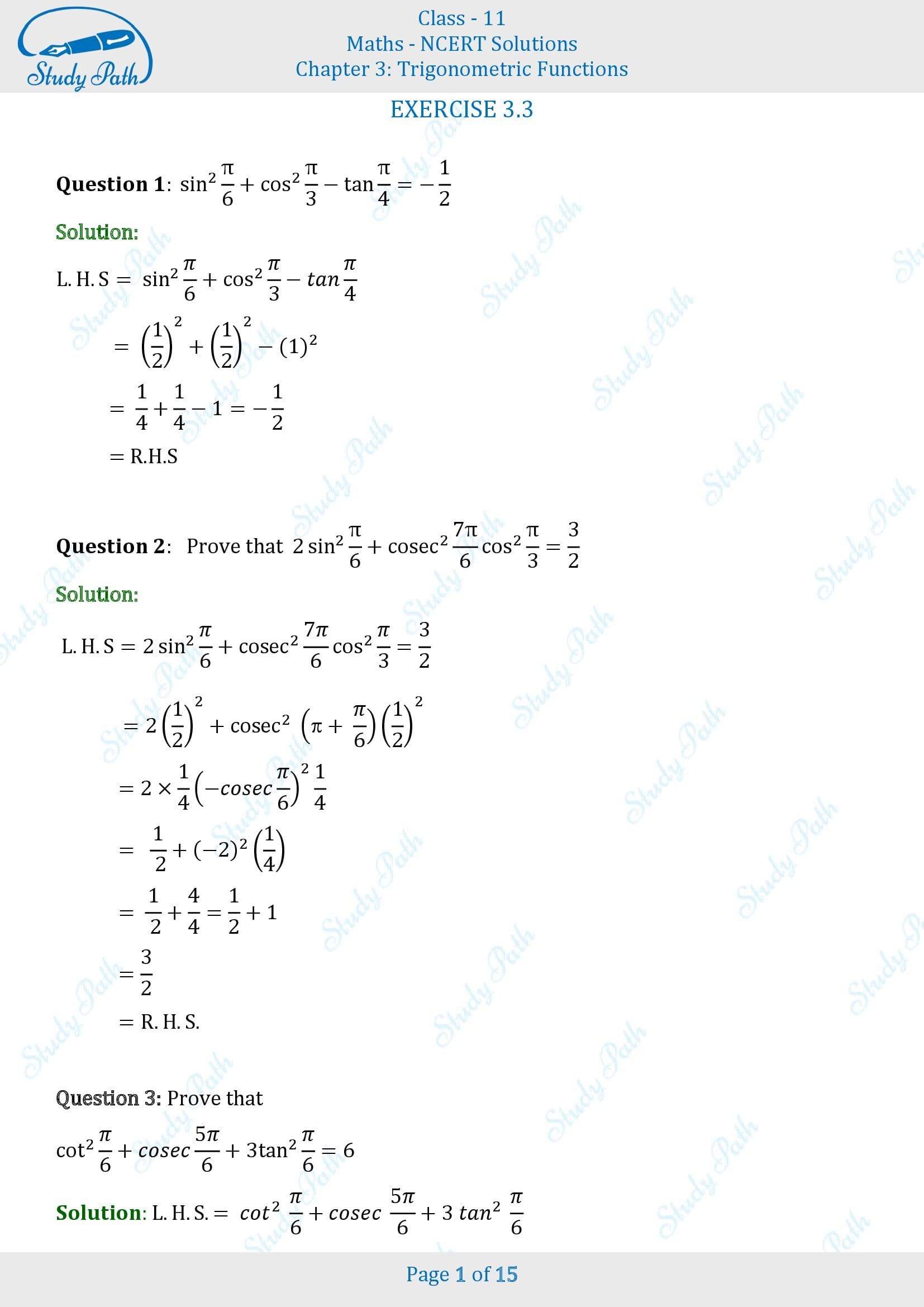 NCERT Solutions for Class 11 Maths Chapter 3 Trigonometric Functions Exercise 3.3 00001