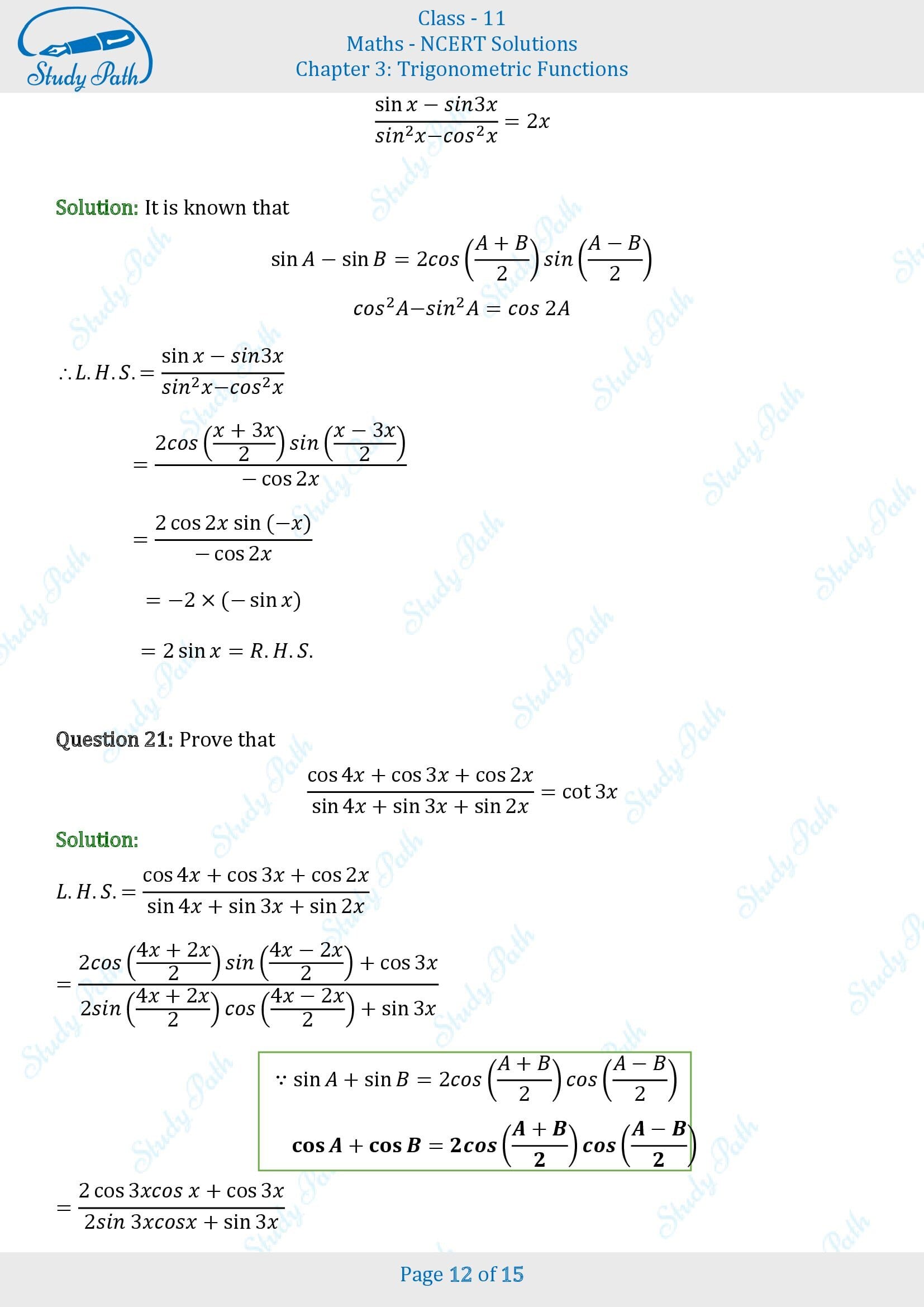 NCERT Solutions for Class 11 Maths Chapter 3 Trigonometric Functions Exercise 3.3 00012