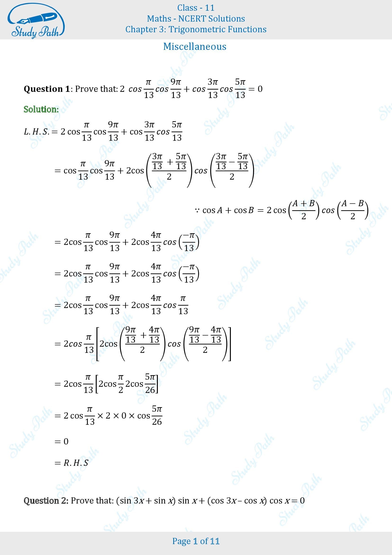 NCERT Solutions for Class 11 Maths Chapter 3 Trigonometric Functions Miscellaneous 3 00001