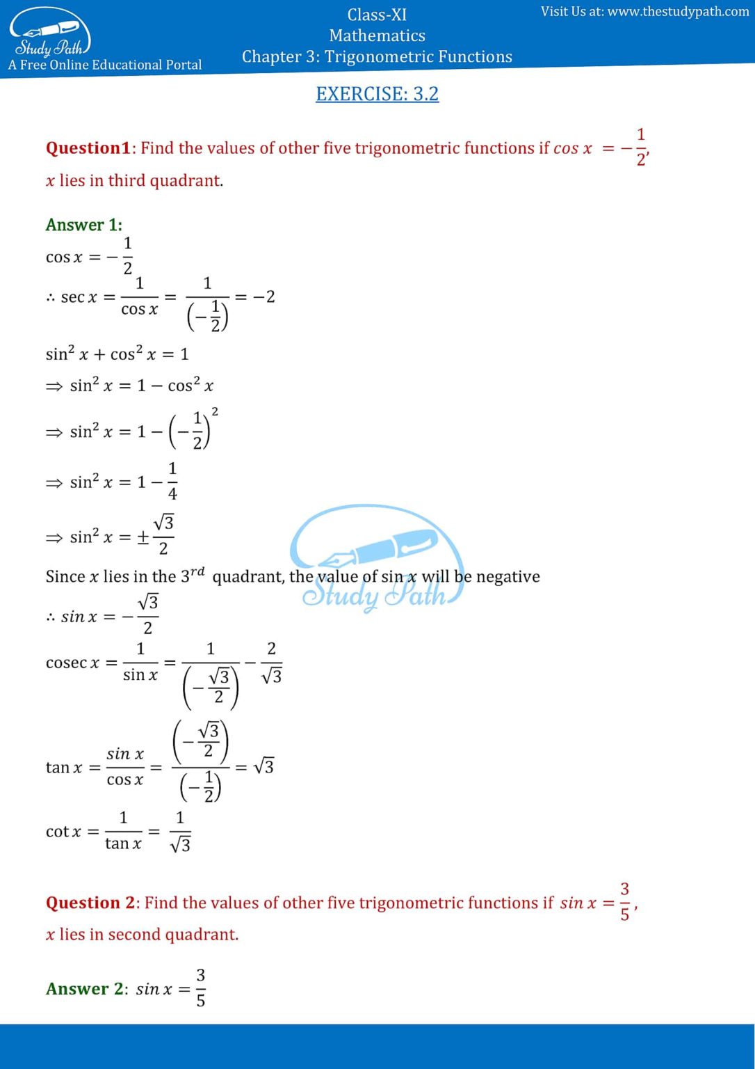 NCERT Solutions Class 11 Maths Chapter 3 Exercise 3 2 Study Path
