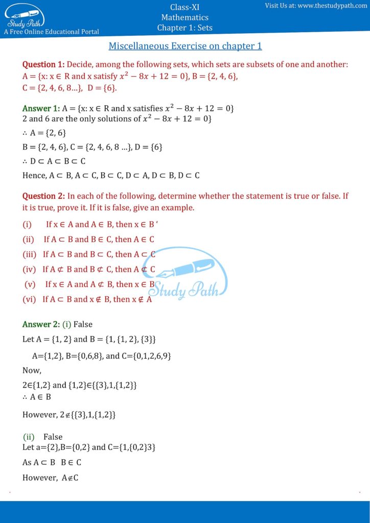 NCERT Solutions For Class 11 Maths Chapter 1 Sets Miscellaneous ...