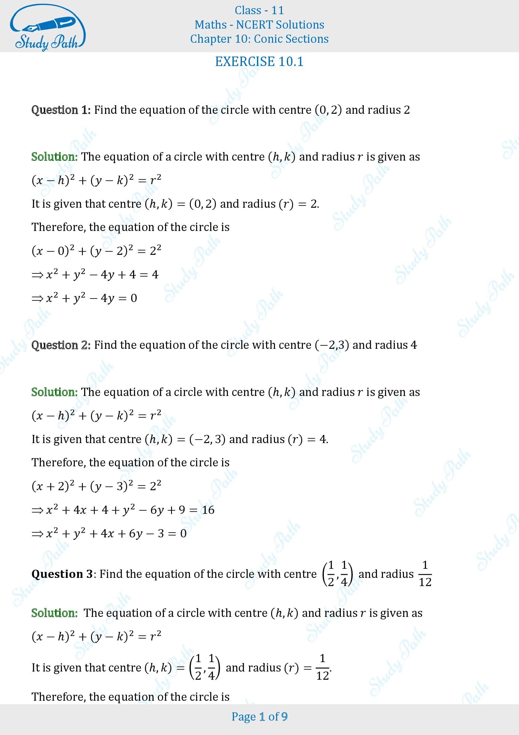 NCERT Solutions for Class 11 Maths Chapter 10 Conic Sections Exercise 10.1 00001