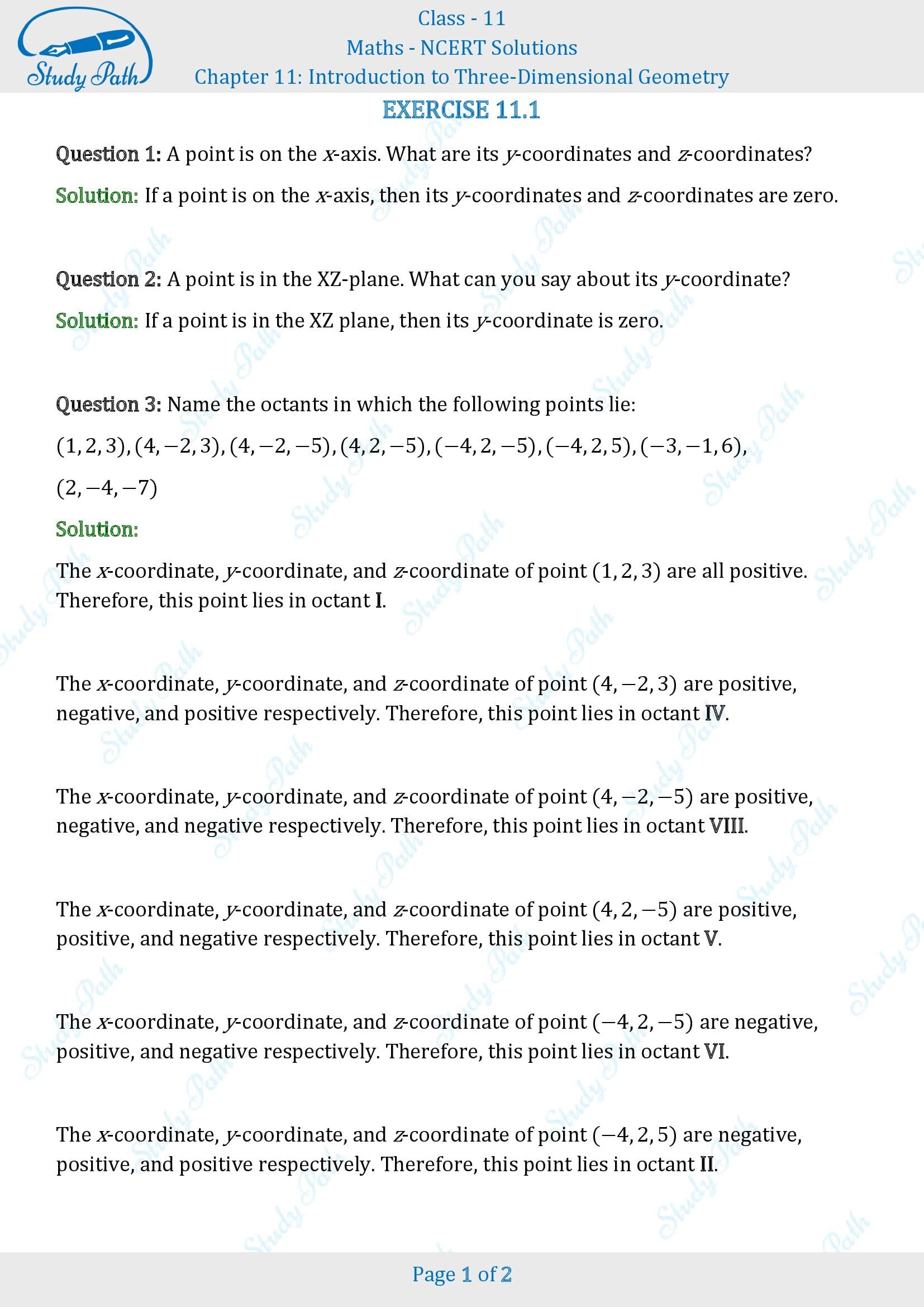 NCERT Solutions for Class 11 Maths Chapter 11 Introduction to Three Dimentional Geometry Exercise 11.1 00001