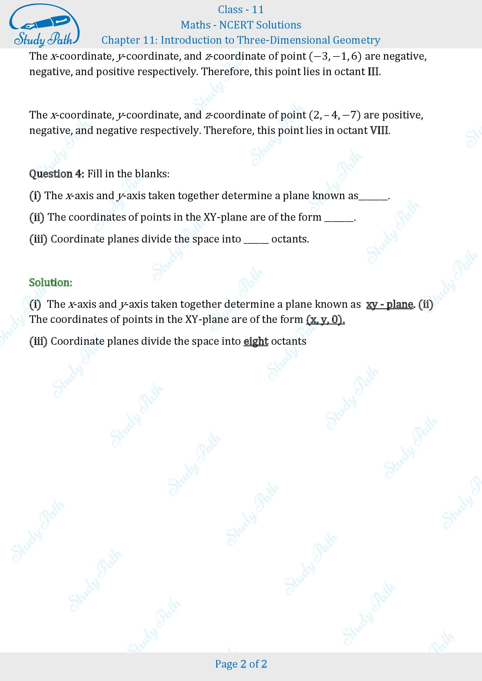 NCERT Solutions for Class 11 Maths Chapter 11 Introduction to Three Dimentional Geometry Exercise 11.1 00002