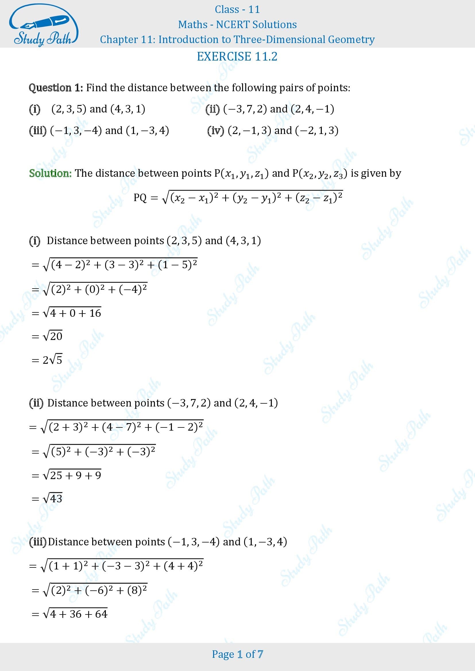 NCERT Solutions for Class 11 Maths Chapter 11 Introduction to Three Dimentional Geometry Exercise 11.2 00001