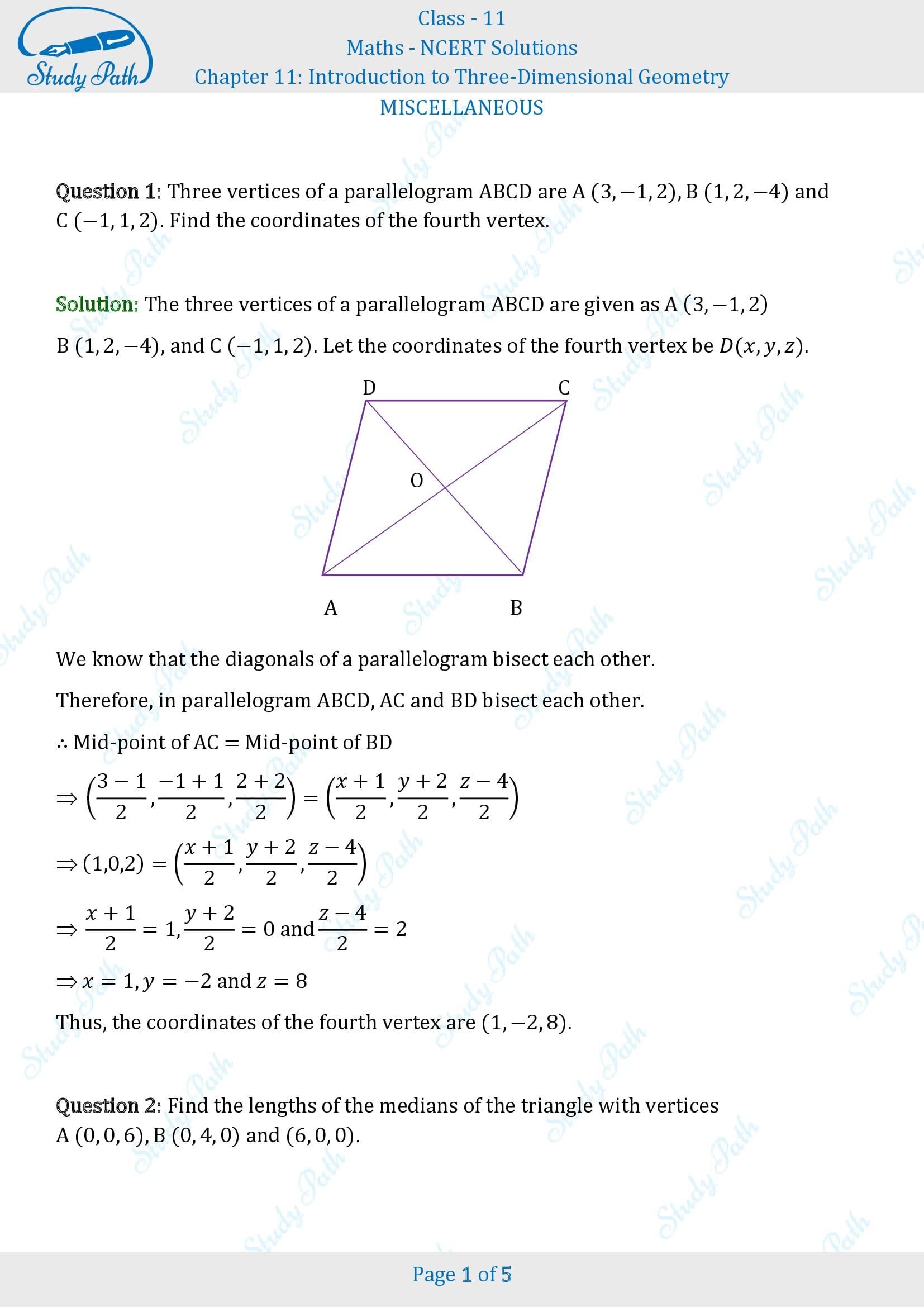 NCERT Solutions for Class 11 Maths Chapter 11 Introduction to Three Dimentional Geometry Miscellaneous 11 00001