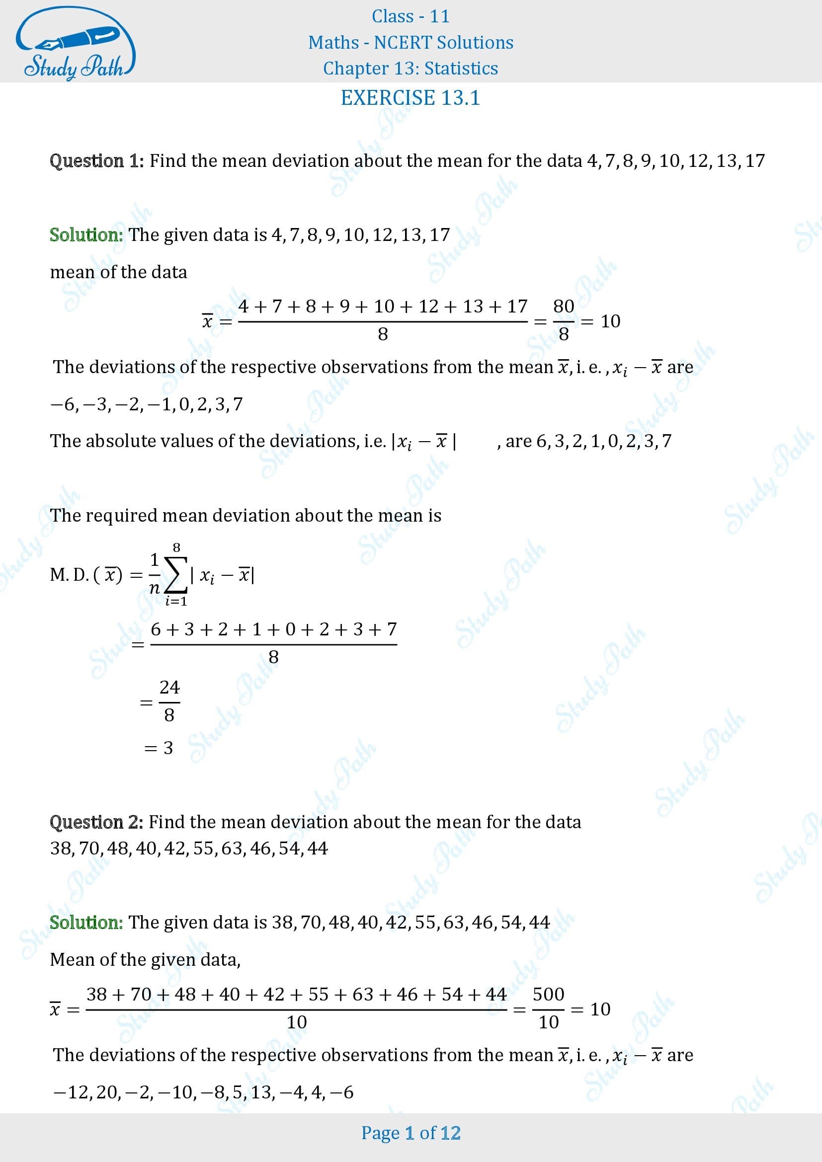 NCERT Solutions for Class 11 Maths Chapter 13 Statistics Exercise 13.1 00001