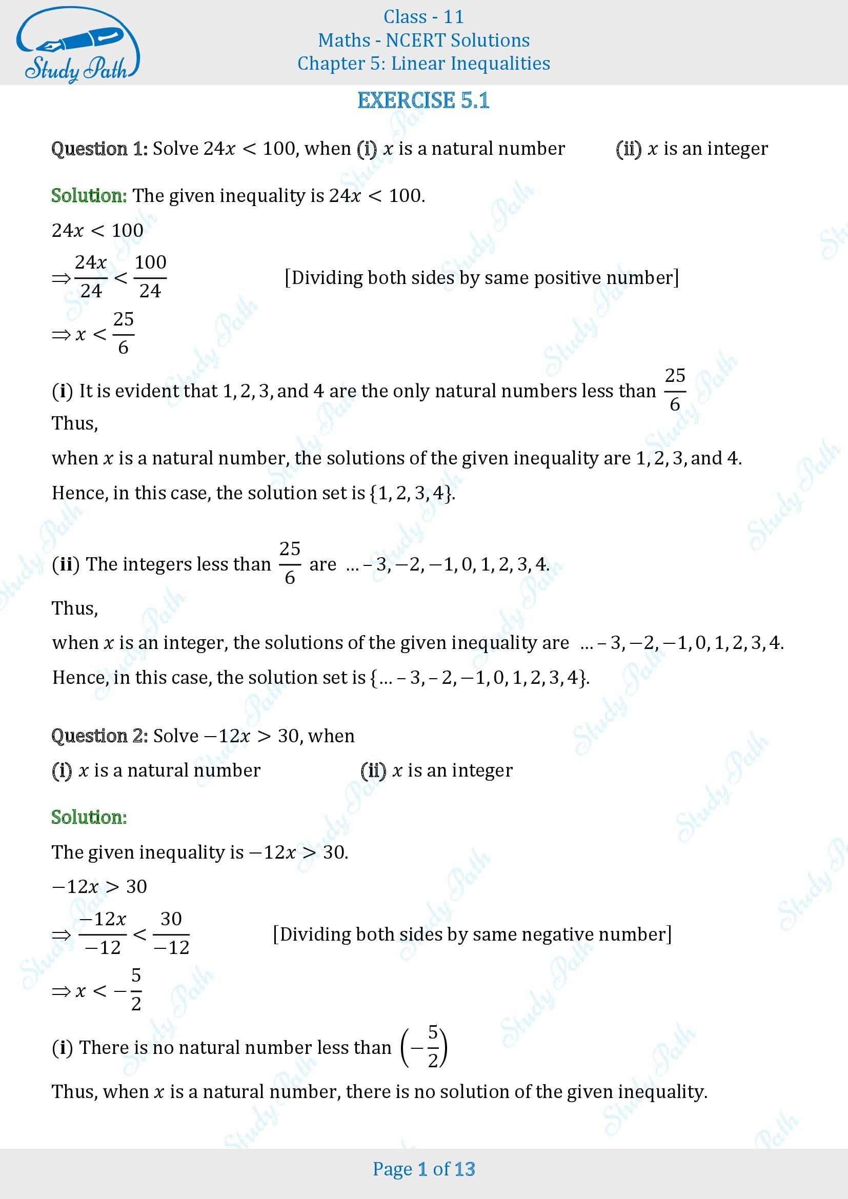 NCERT Solutions for Class 11 Maths Chapter 5 Linear Inequalities Exercise 5.1 00001