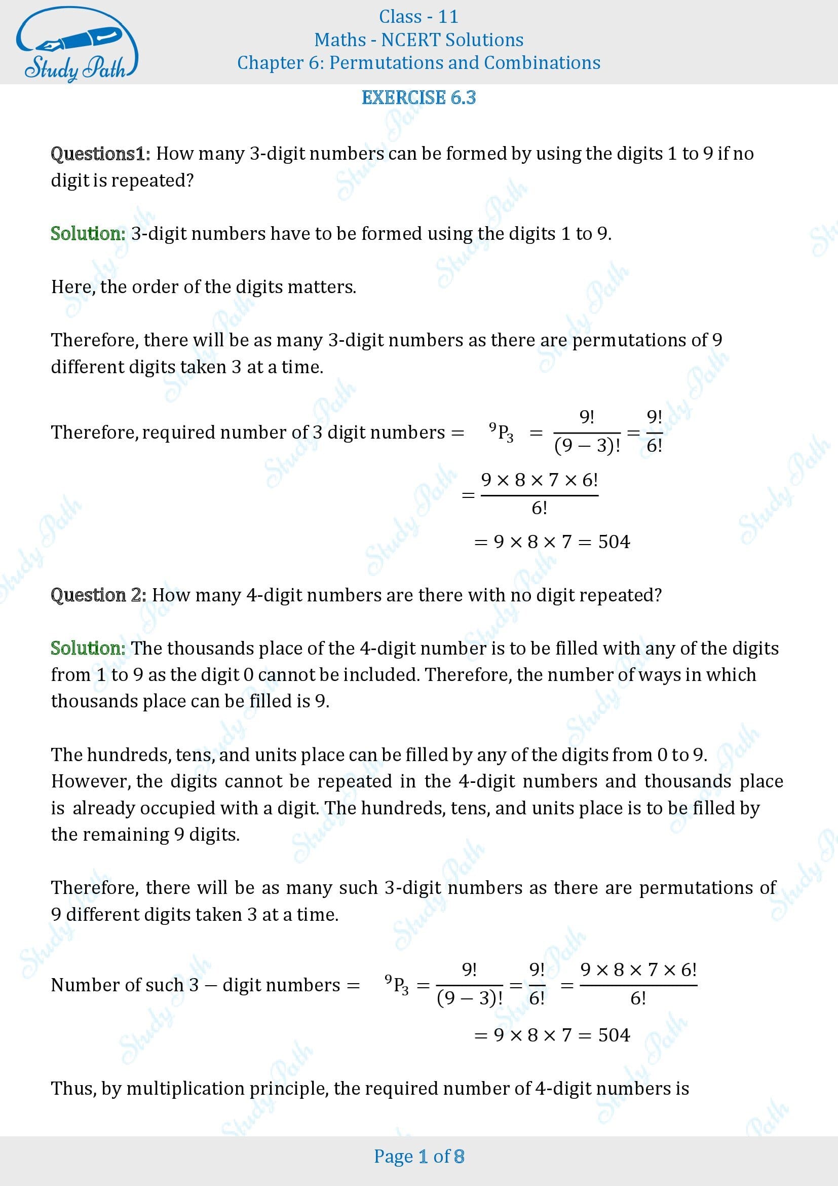 NCERT Solutions for Class 11 Maths Chapter 6 Permutations and Combinations Exercise 6.3 00001