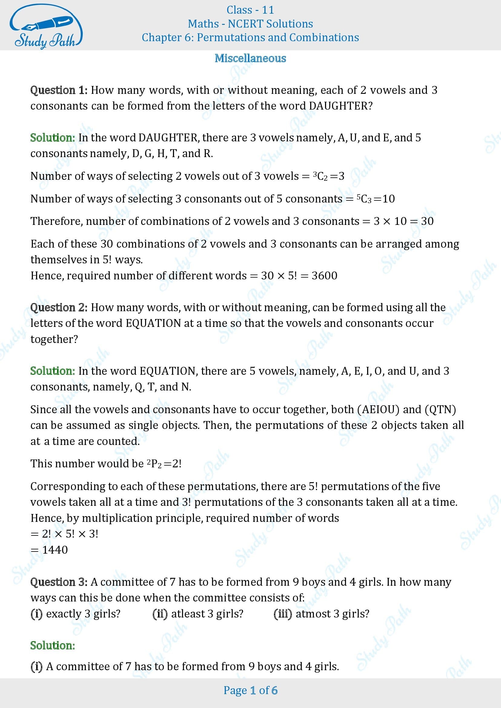 NCERT Solutions for Class 11 Maths Chapter 6 Permutations and Combinations Miscellaneous 6 00001