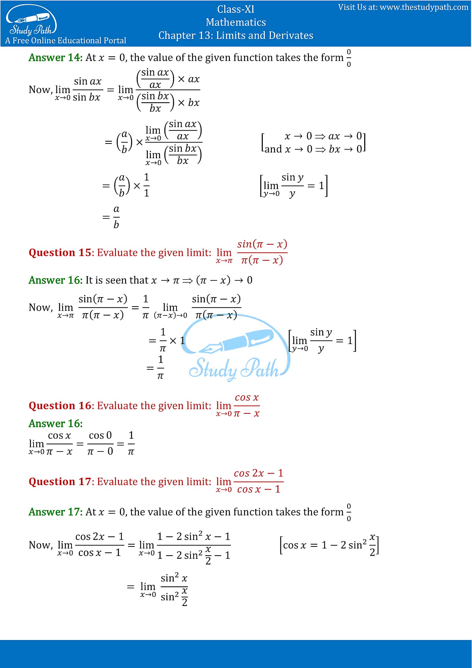 case study questions class 11 maths limits and derivatives