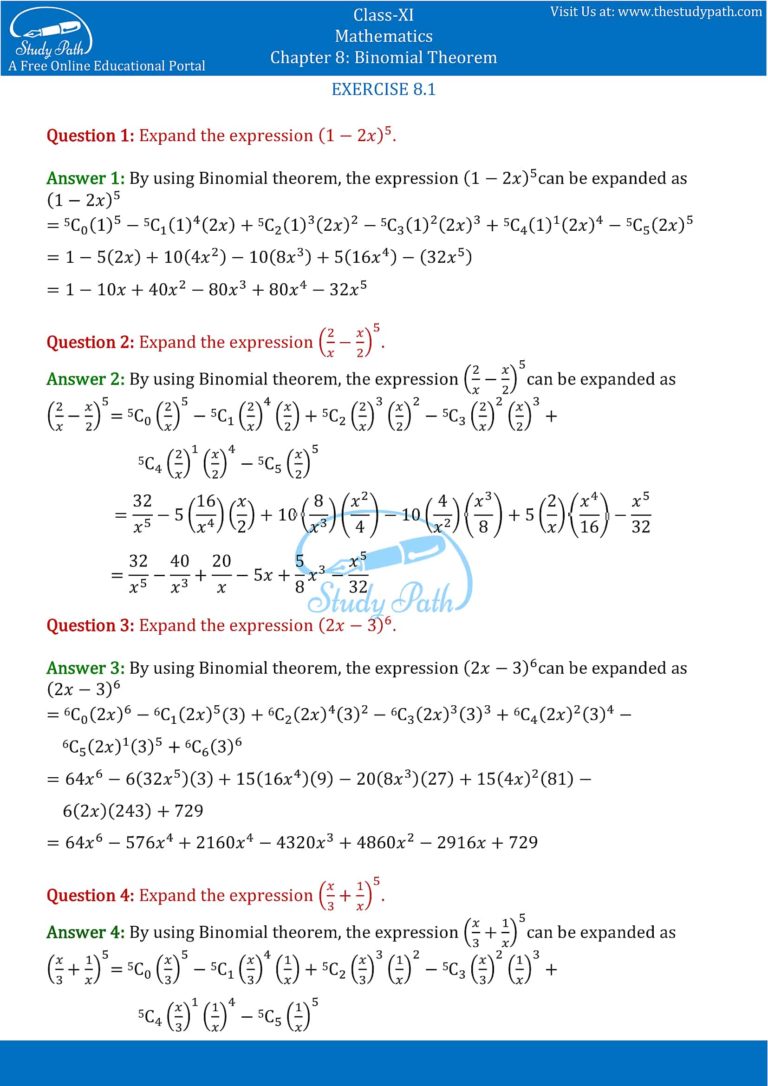 NCERT Solutions Class 11 Maths Chapter 8 Binomial Theorem – Study Path