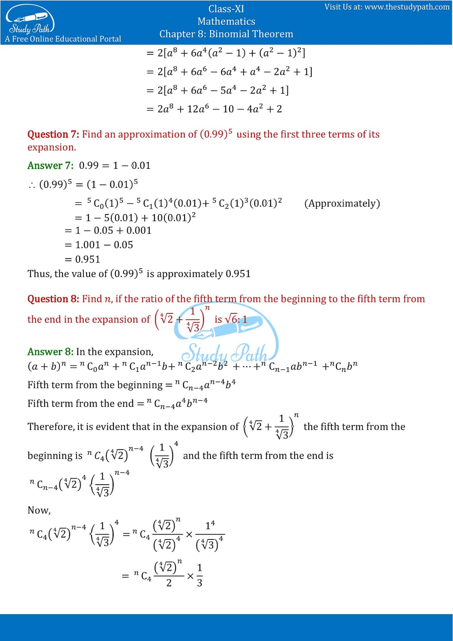 NCERT Solutions Class 11 Maths Chapter 8 Binomial Theorem – Study Path