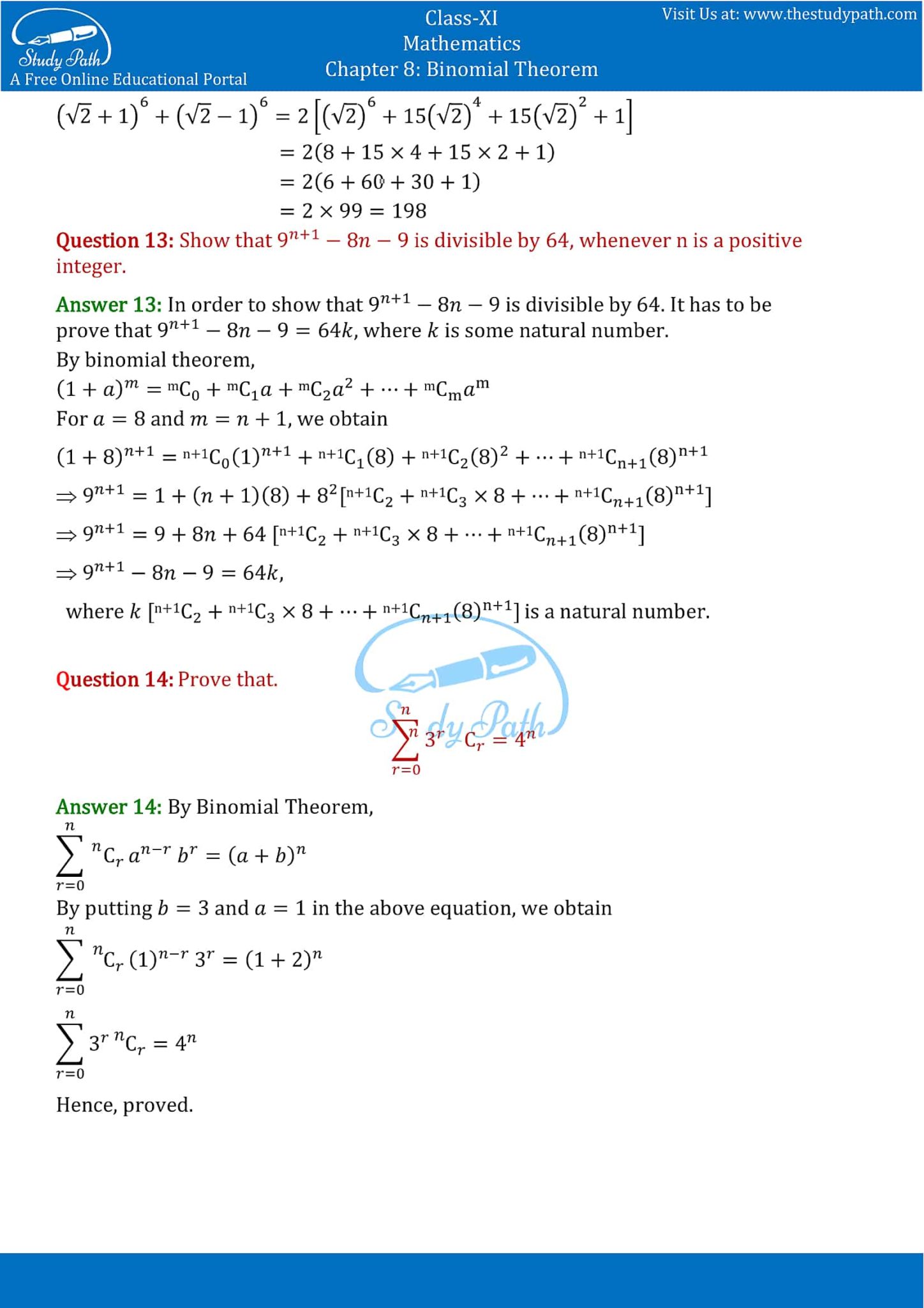 NCERT Solutions Class 11 Maths Chapter 8 Binomial Theorem – Study Path