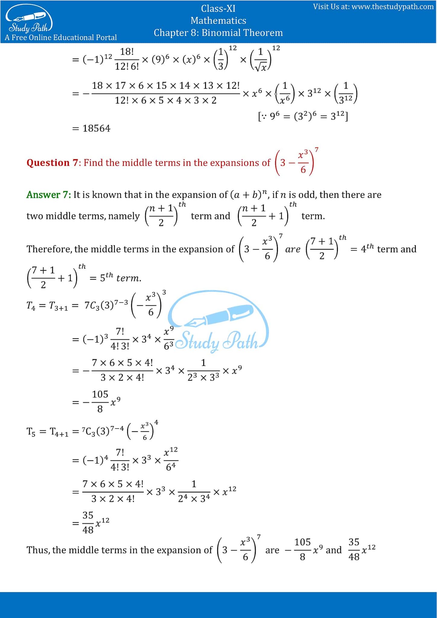 NCERT Solutions Class 11 Maths Chapter 8 Binomial Theorem – Study Path