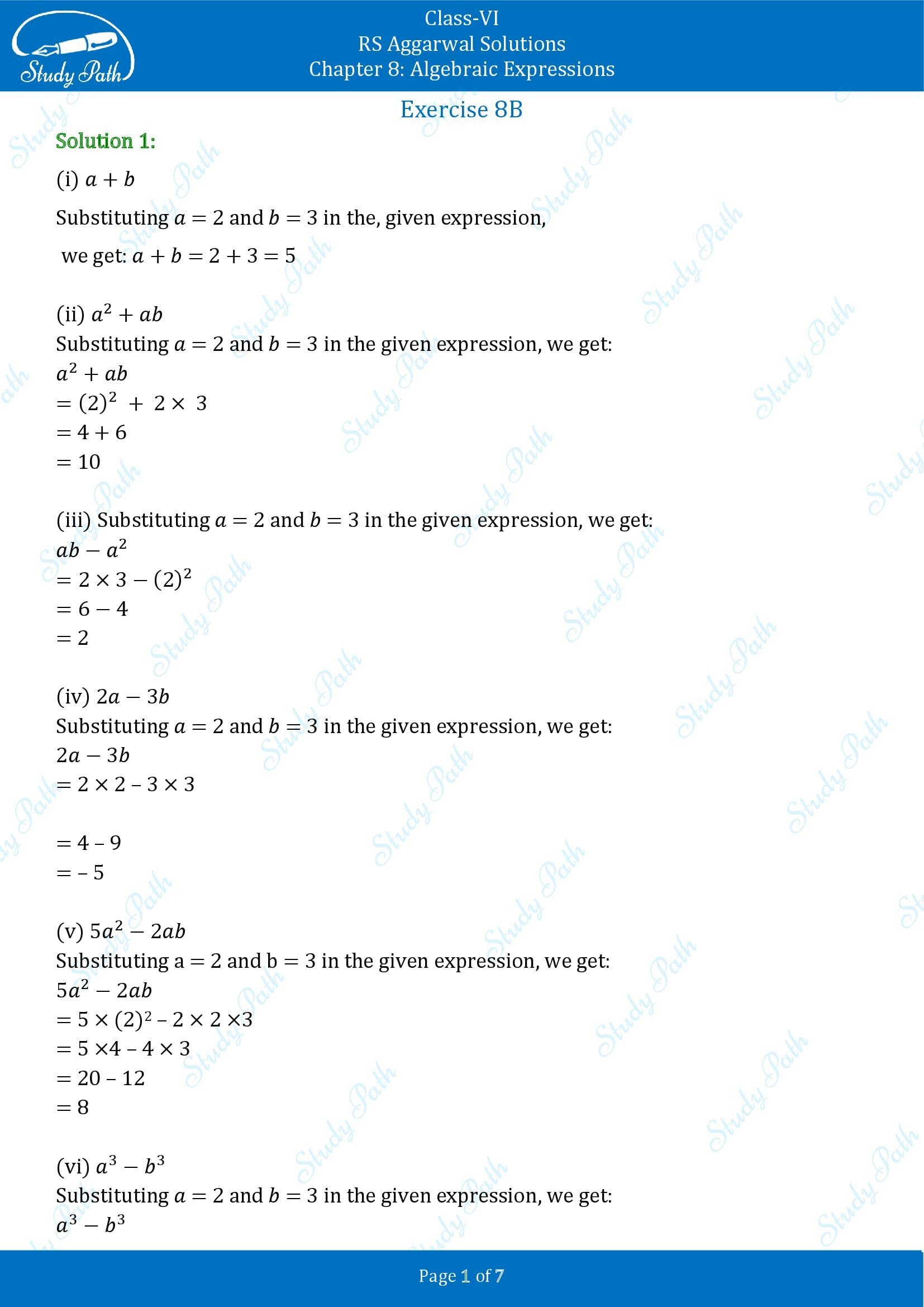 RS Aggarwal Class 6 Solutions Exercise 8B Chapter 8 Algebraic Expressions