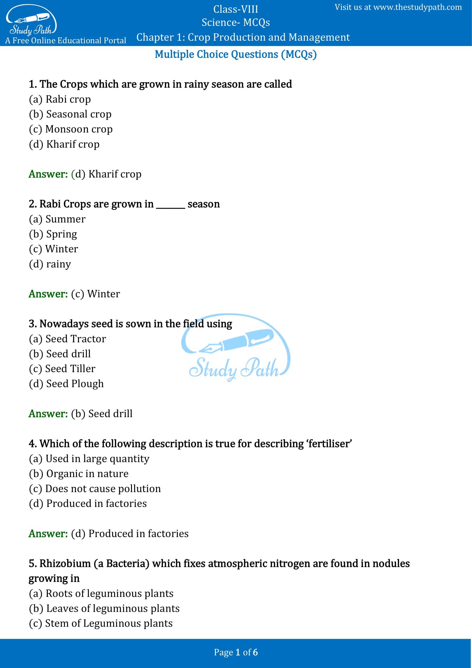 MCQ For Class 8 Science Chapter 1 Crop Production And Management With 