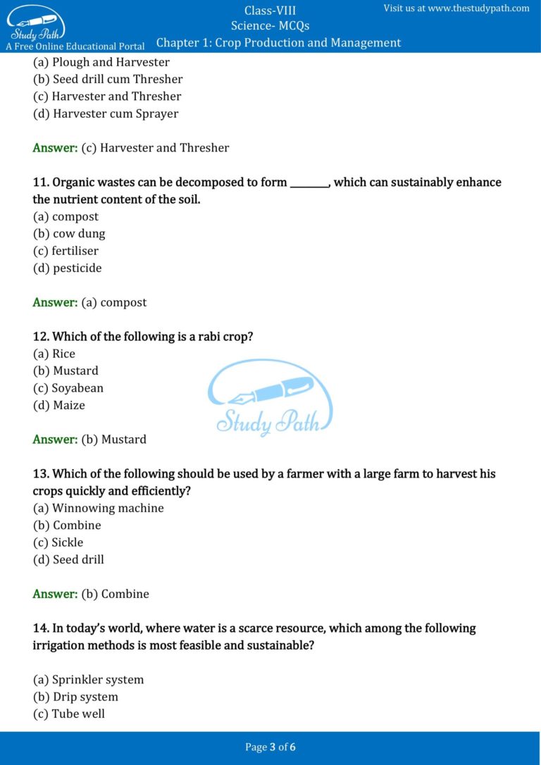 MCQ for Class 8 Science Chapter 1 Crop Production and Management with ...