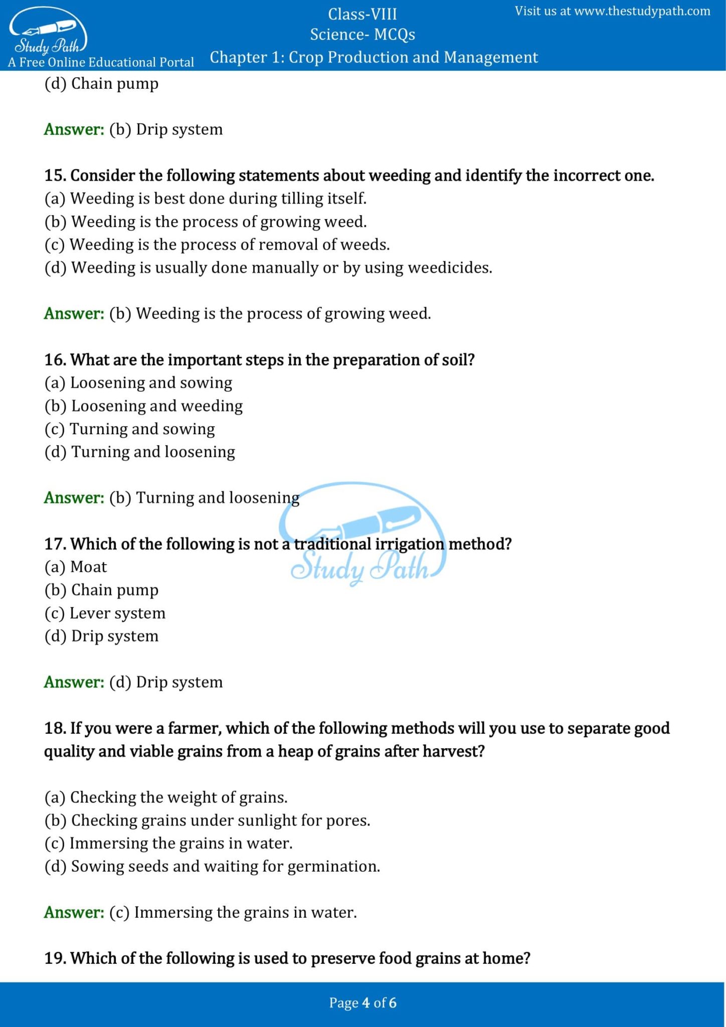 MCQ For Class 8 Science Chapter 1 Crop Production And Management With ...