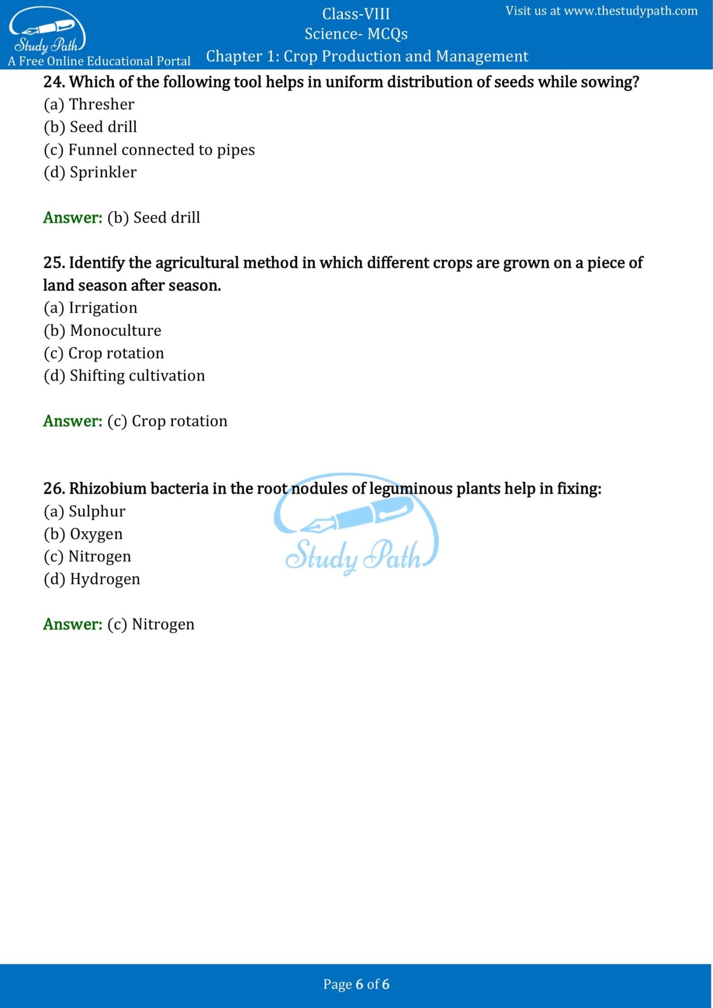 Mcq For Class 8 Science Chapter 1 Crop Production And Management With Answers 0440