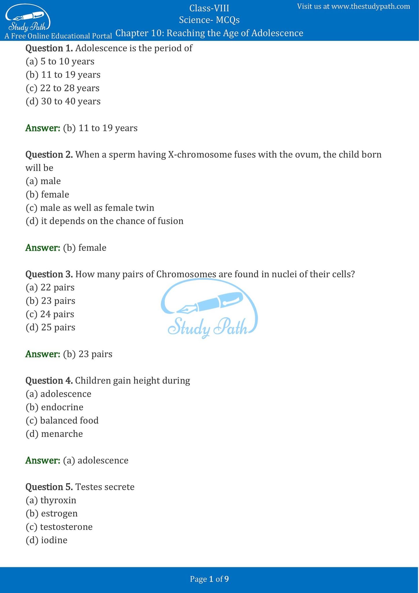 Class 8 Science Chapter 10 Reaching The Age Of Adolescence MCQ With Answers