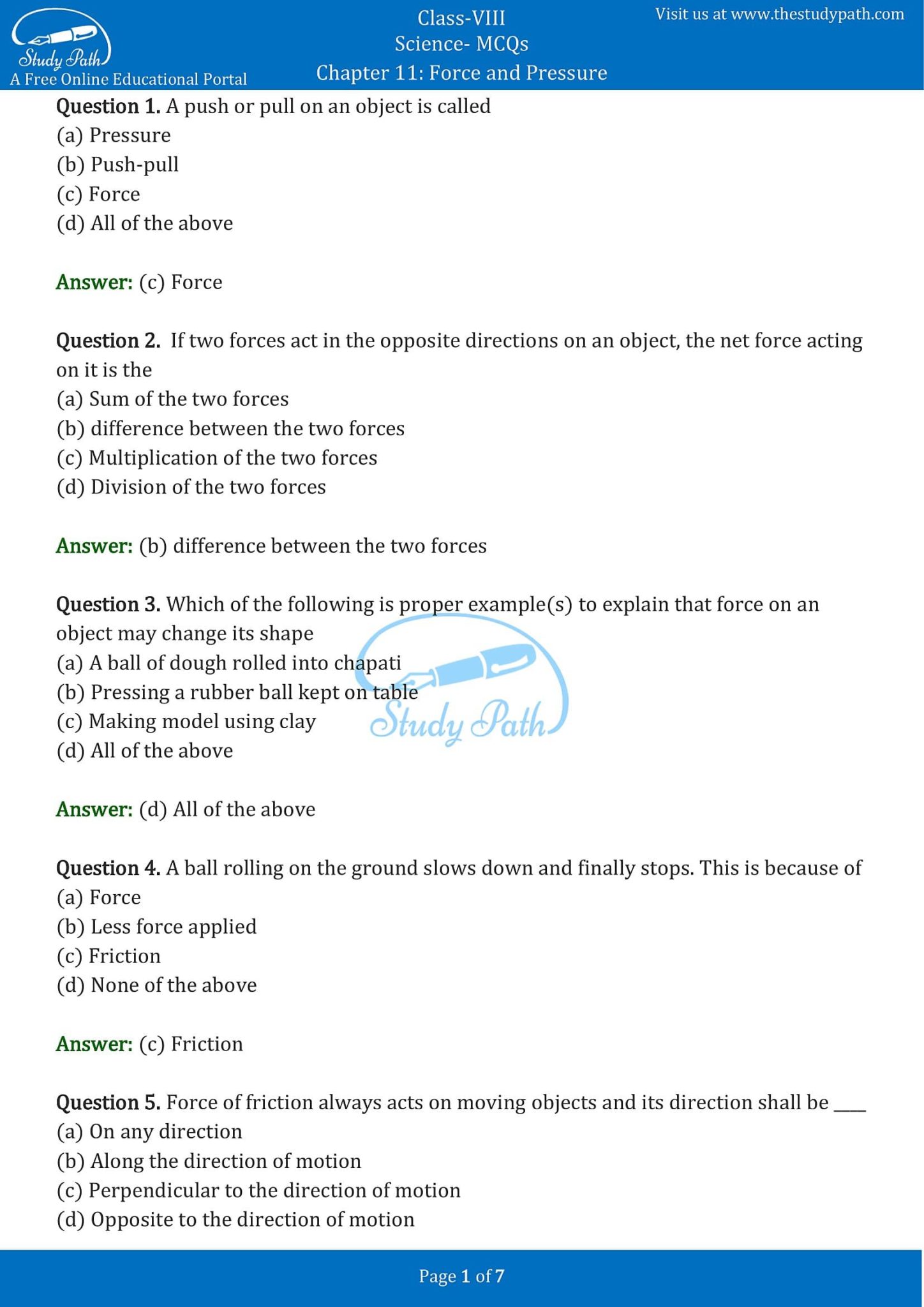 Force And Pressure Class 8 Mcq