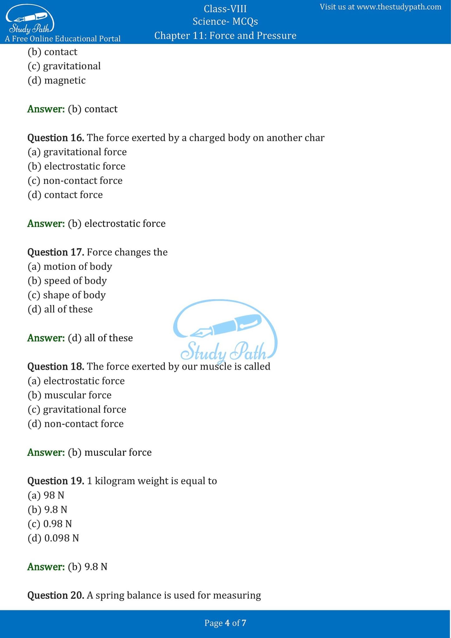 Class 8 Science Chapter 11 Force And Pressure Mcq With Answers 6822