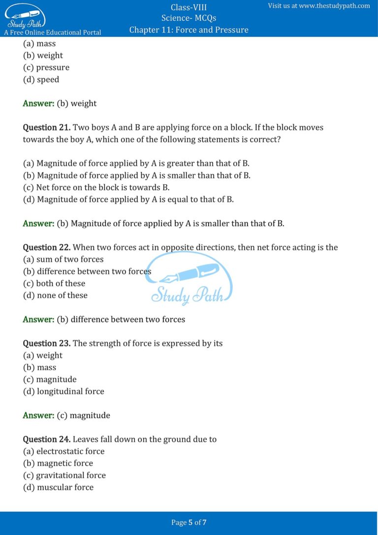 Class 8 Science Chapter 11 Force And Pressure Mcq With Answers 