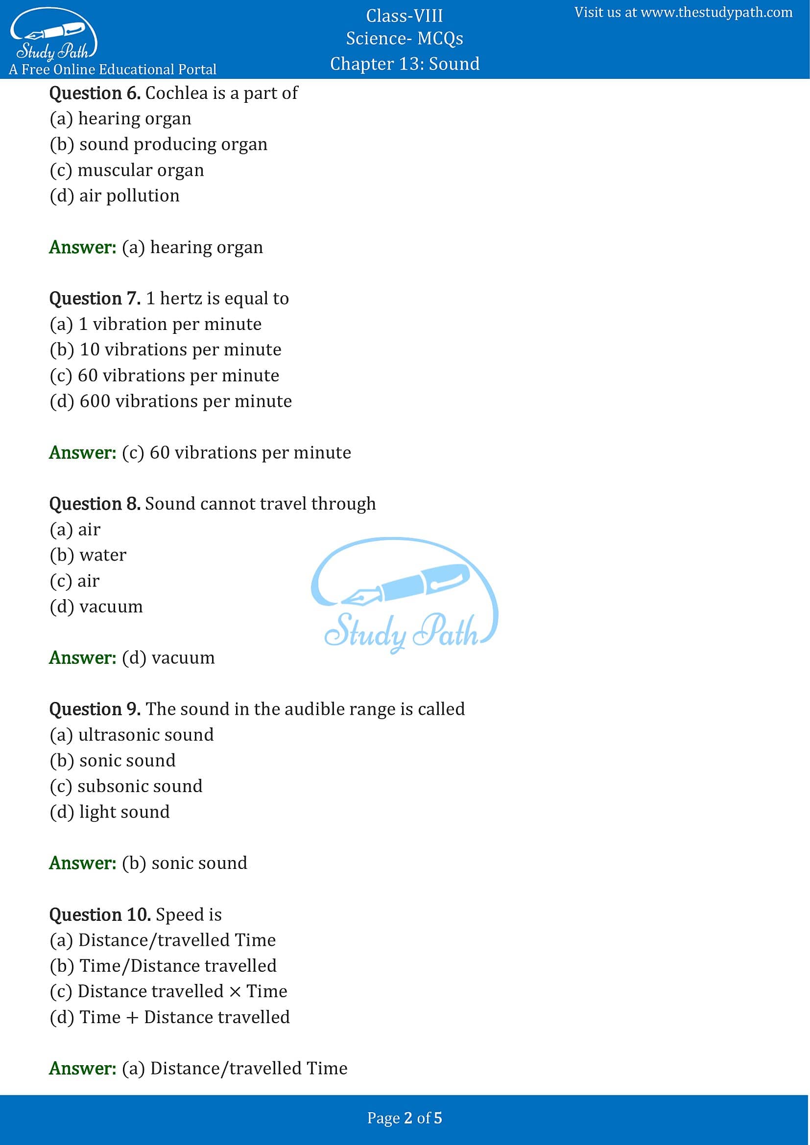 Class 8 Science Chapter 13 Sound MCQ With Answers Study Path