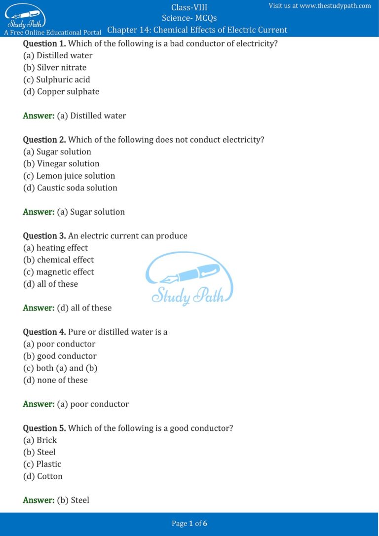 Class 8 Science Chapter 14 Chemical Effects Of Electric Current MCQ ...