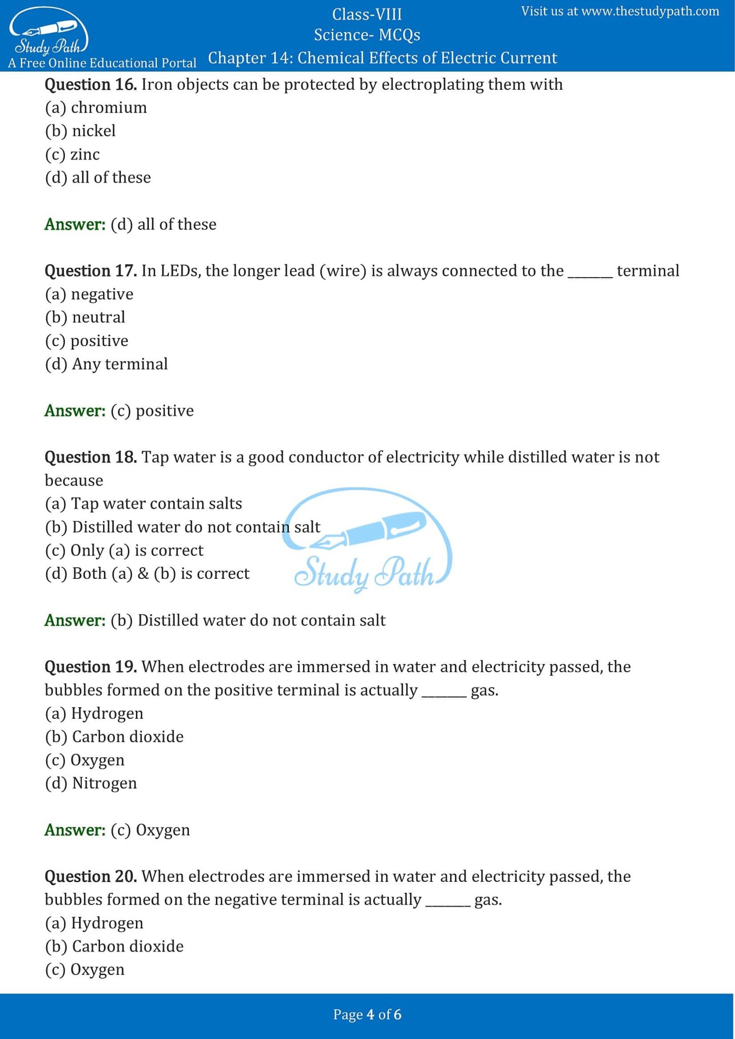 Class 8 Science Chapter 14 Chemical Effects Of Electric Current MCQ ...