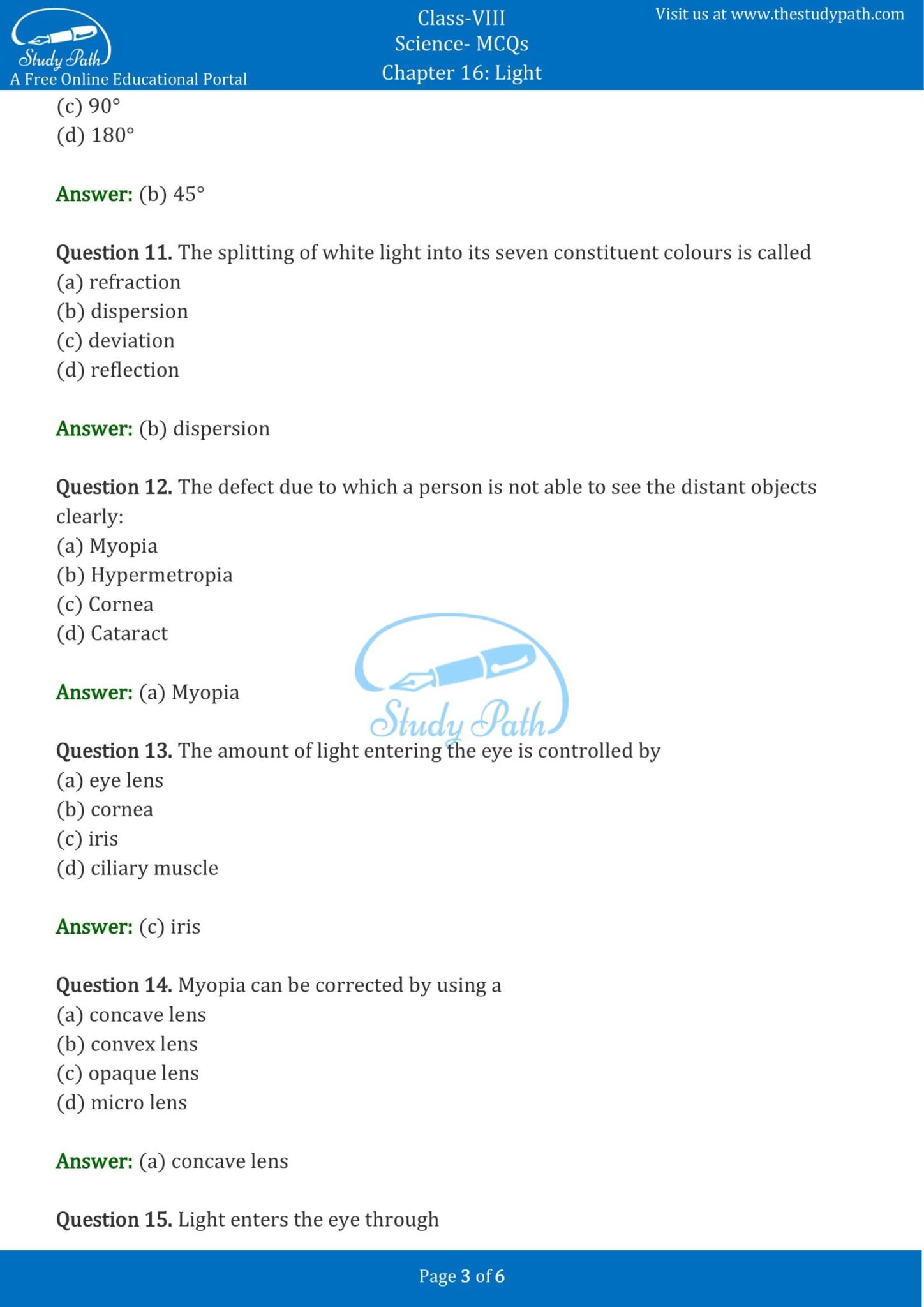 Class 8 Science Chapter 16 Light MCQ With Answers – Study Path