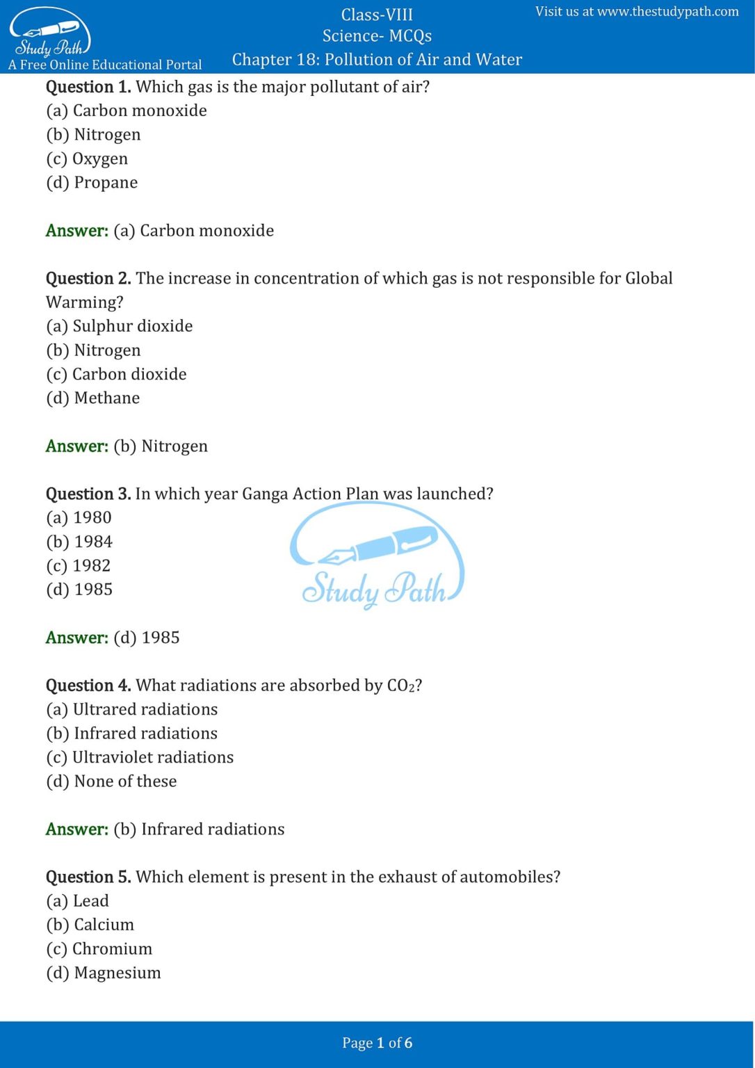 Class 8 Science Chapter 18 Pollution Of Air And Water MCQ With Answers