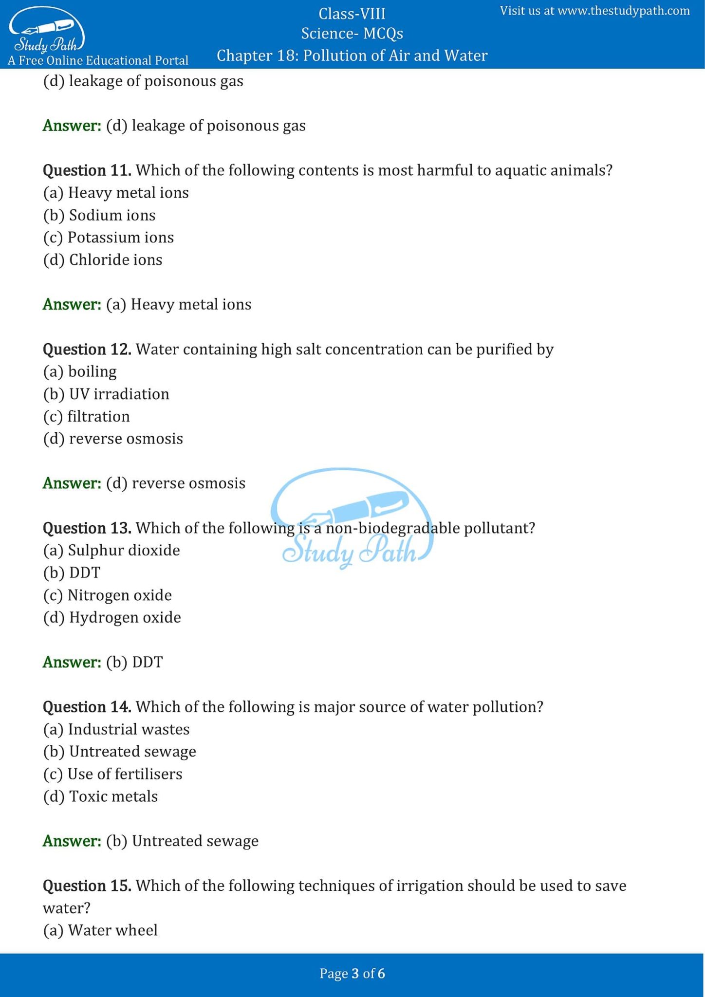 Class 8 Science Chapter 18 Pollution Of Air And Water MCQ With Answers