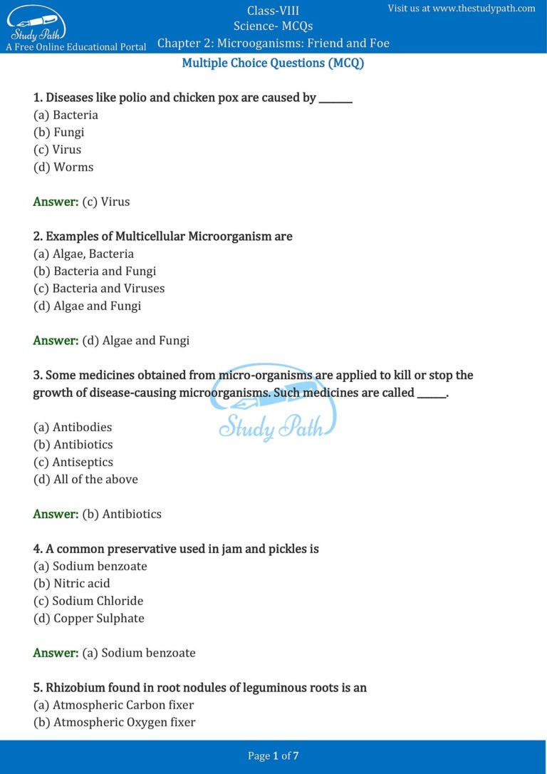 Class 8 Science Chapter 2 Microanisms Friend And Foe Mcq With Answers